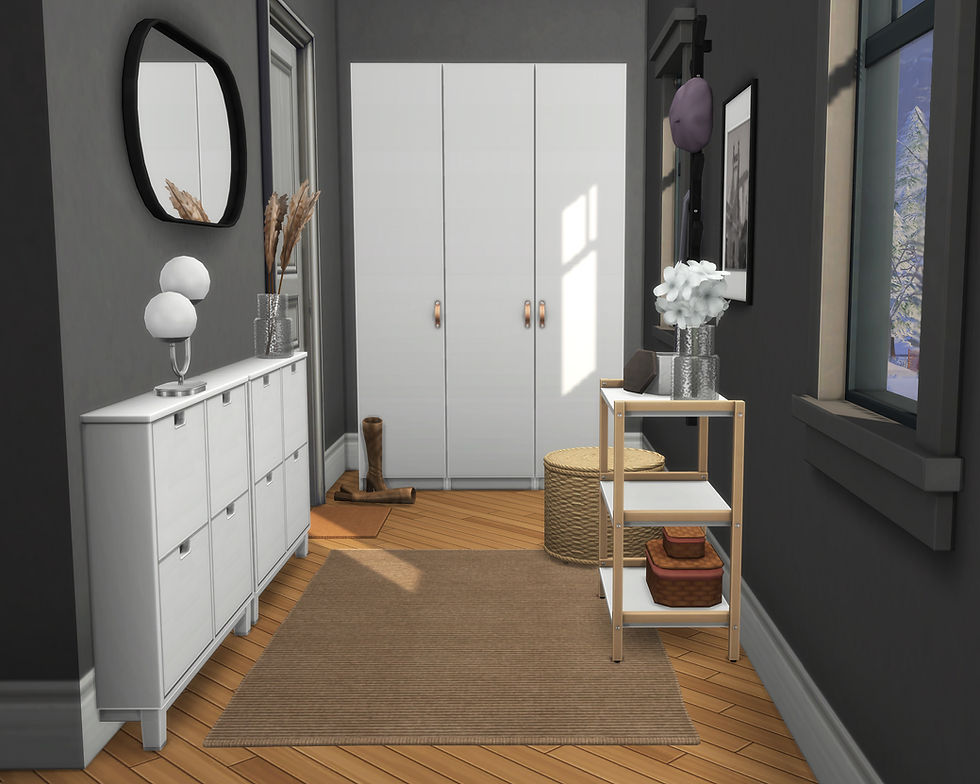 An in-game shot of a hallway showcasing the furniture included in the set