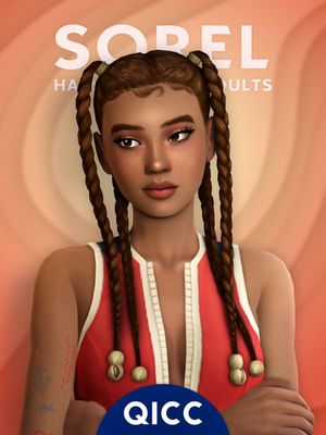 Female sim with braided hair in a red top on a peach backdrop.