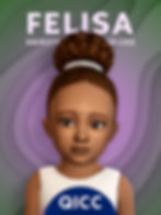 Female sim toddler with brown updo hairstyle against a green and purple background.