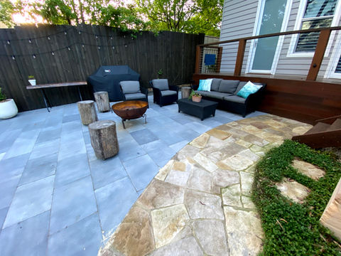 Sandstone paved backyard landscaping design in the Blue Mountains