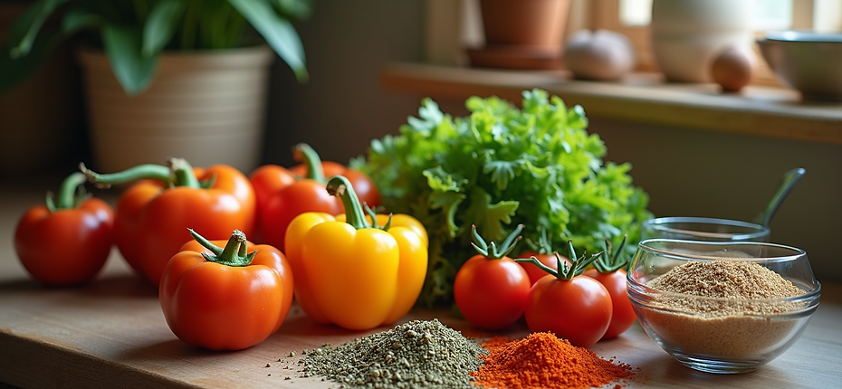 Fresh veggies and herbs on cutting board