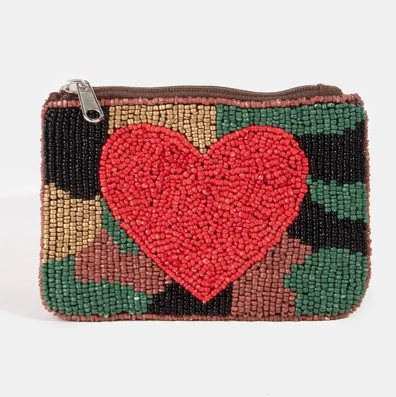 Seed Beaded Camo and Heart Coin Purse