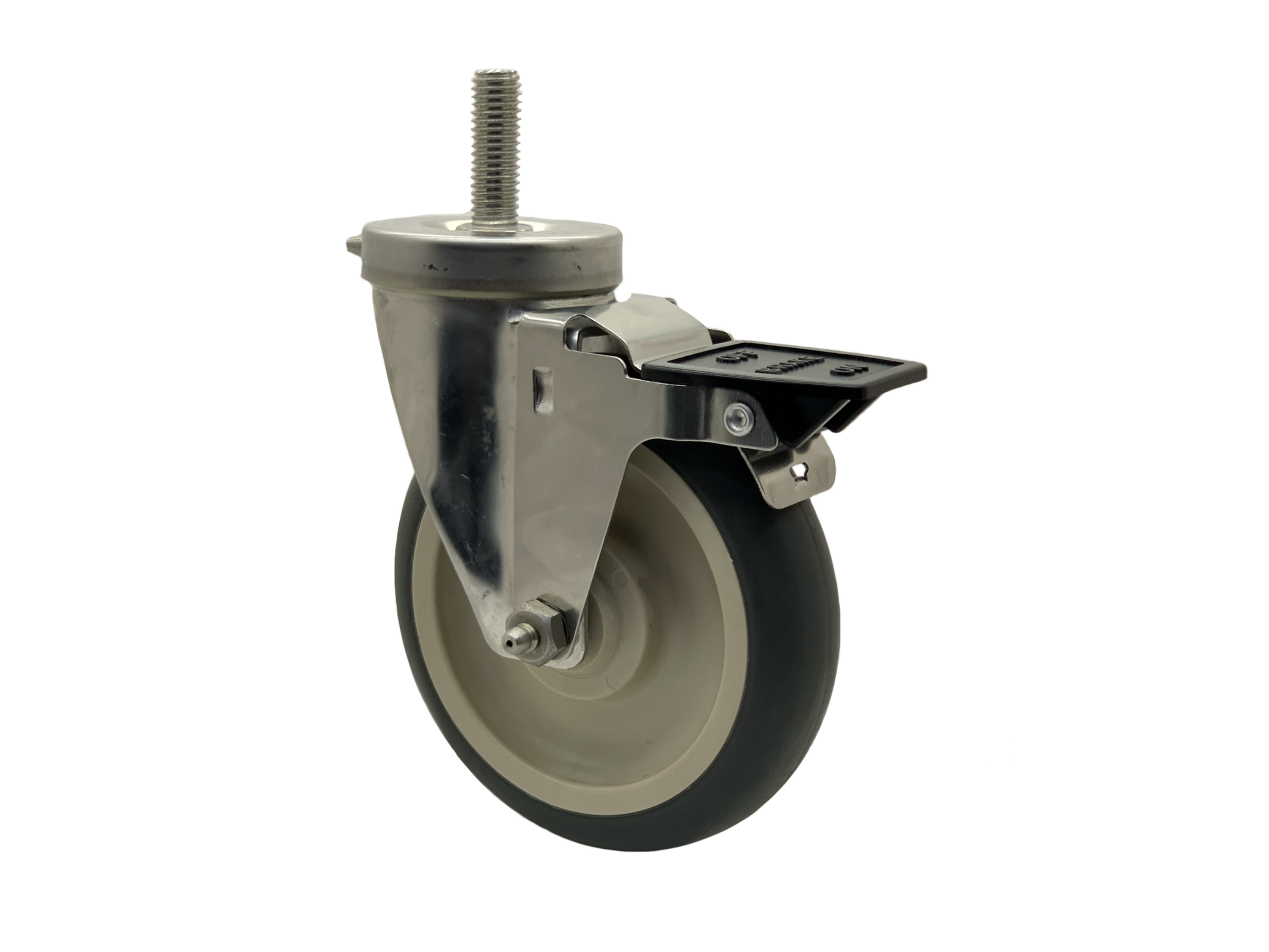 Stainless Swivel 5x1-1/4 Poly On Poly Wheel Top Lock Brake