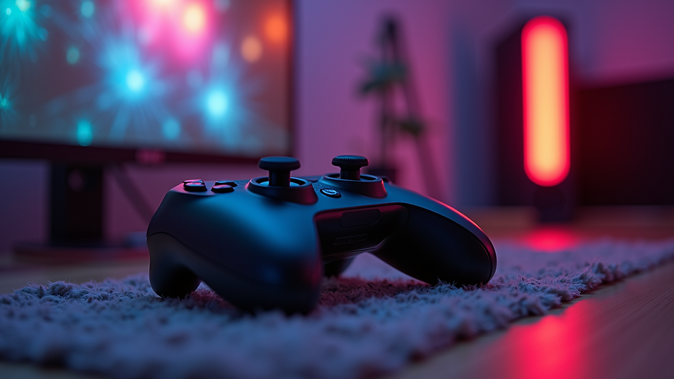 Eye-level view of a cozy gaming setup with a controller and colorful game cases
