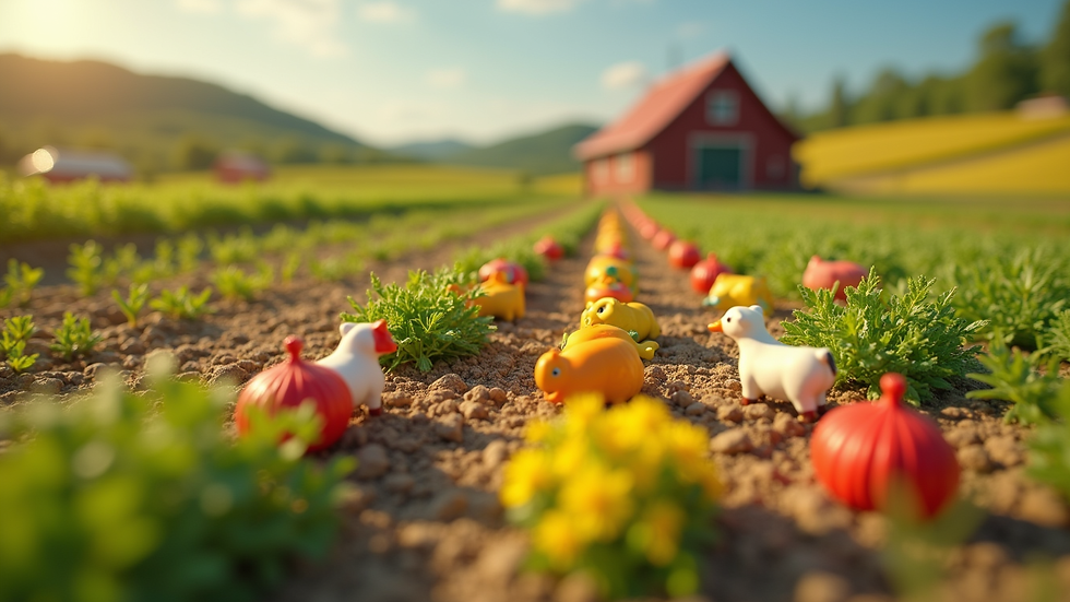 Close-up view of colorful farming game with crops and animals