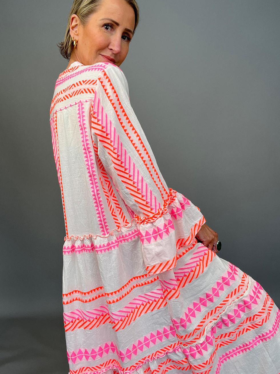 Thumbnail: Zakynthos Aztec Dress - Maxi Length - Neon orange & Pink  