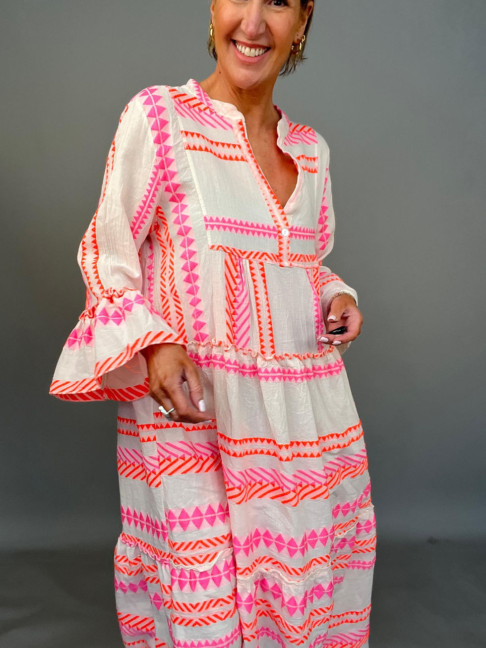 Thumbnail: Zakynthos Aztec Dress - Maxi Length - Neon orange & Pink  
