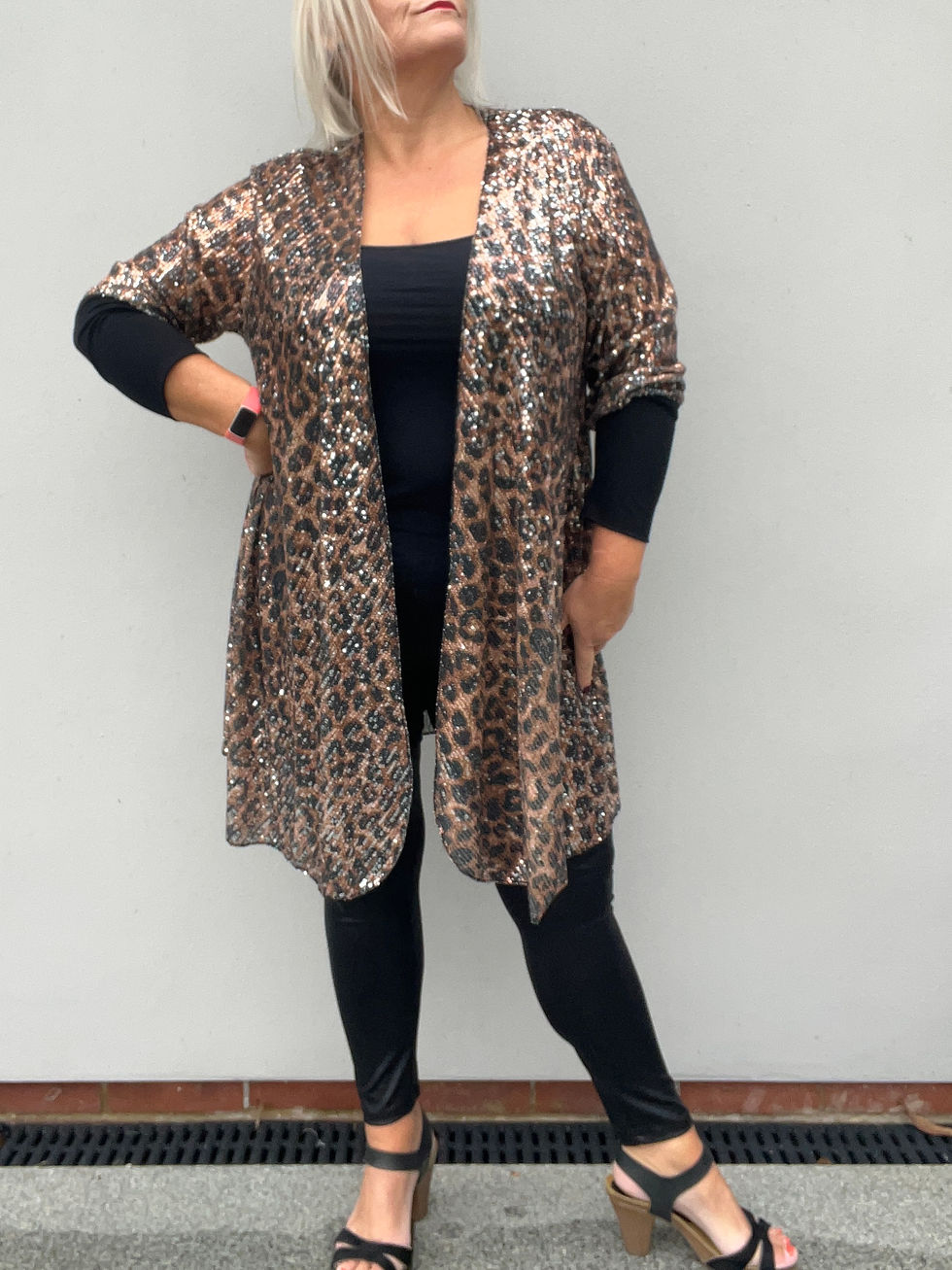Sas Collection - Jersey Cuff Sequin cardigan in Leopard Print
