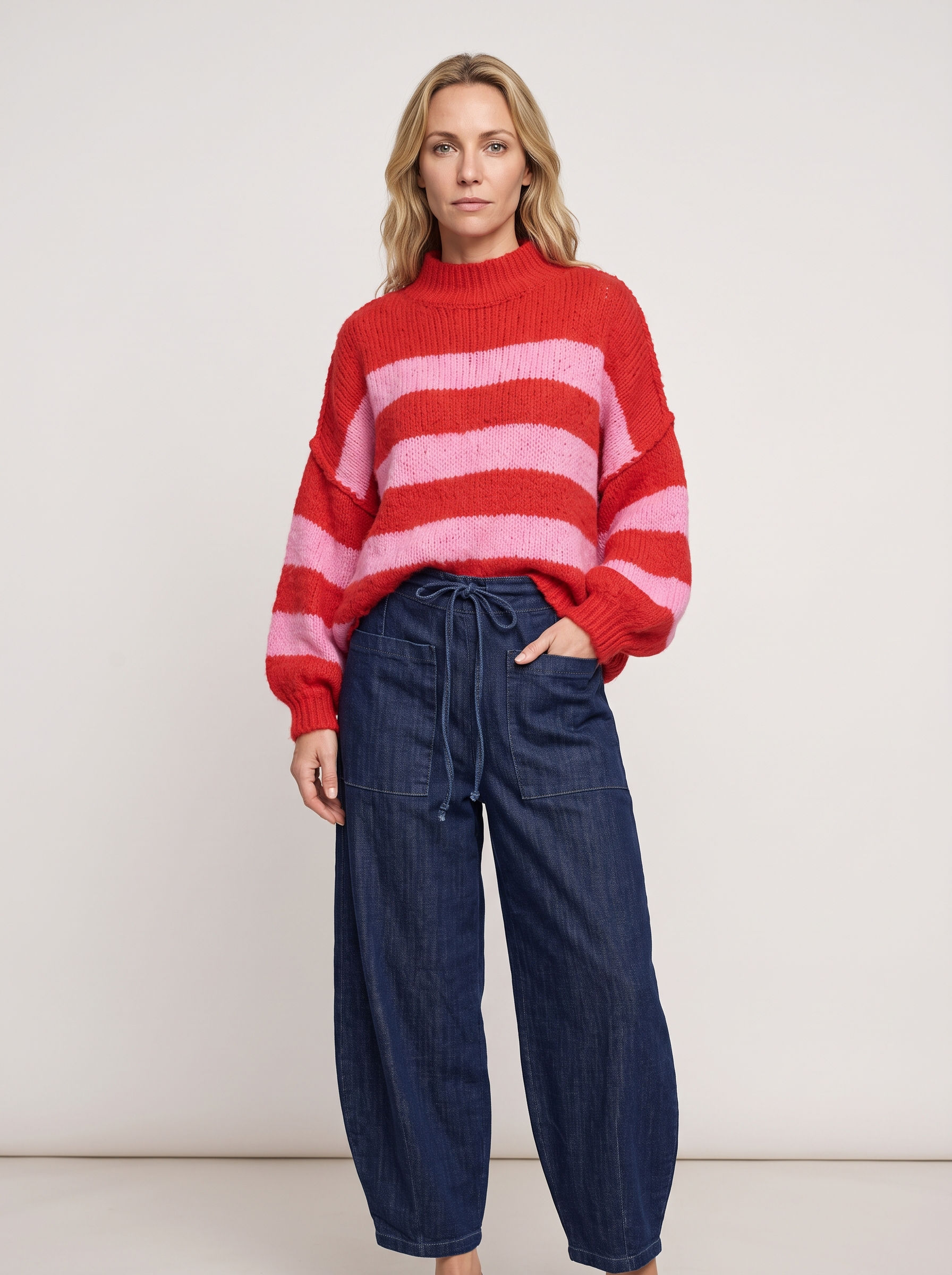Yumi Fluffy Stripe Jumper in Red / Pink