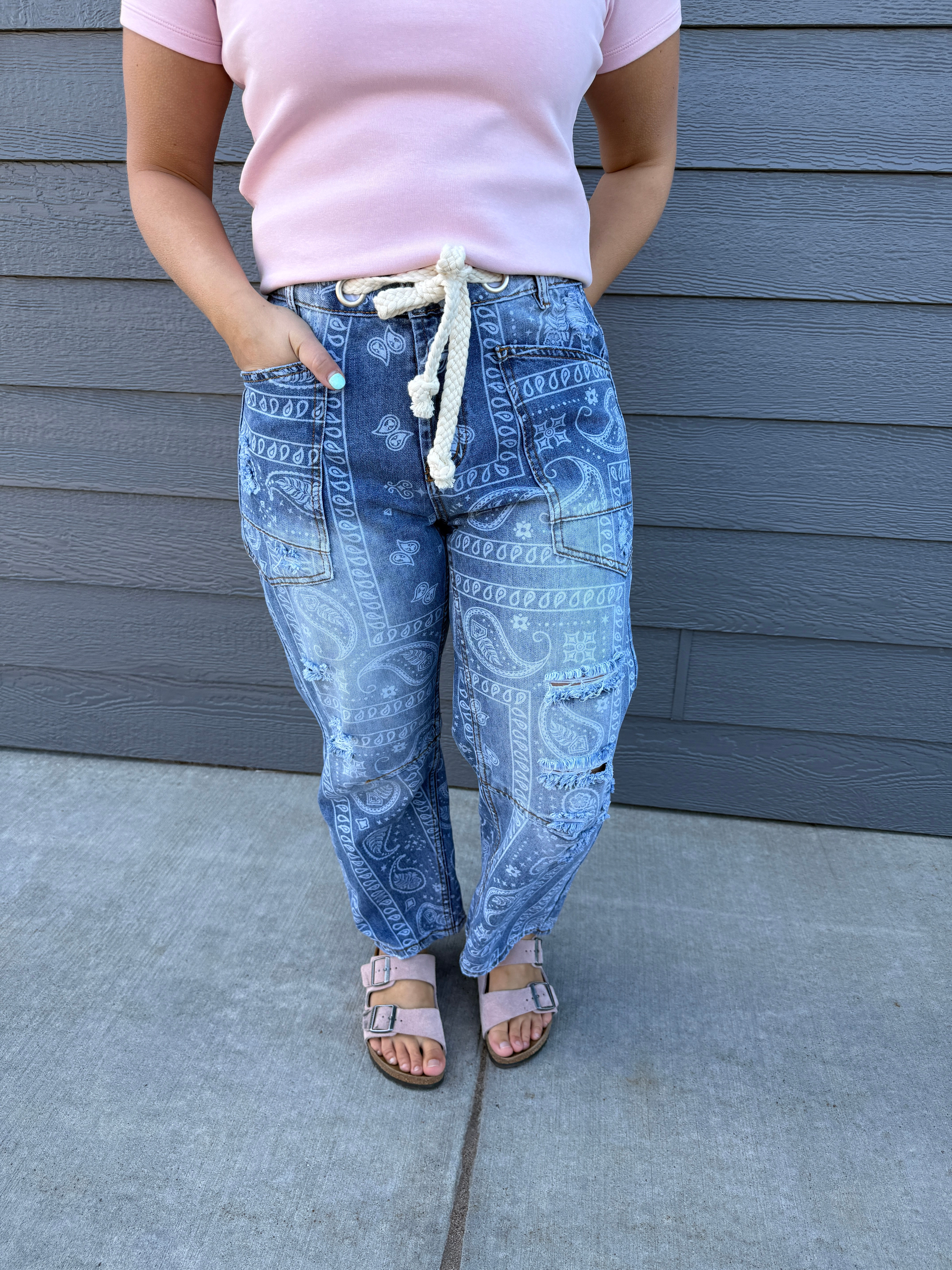 WASHED PAISLEY PATCH PRINT DENIM