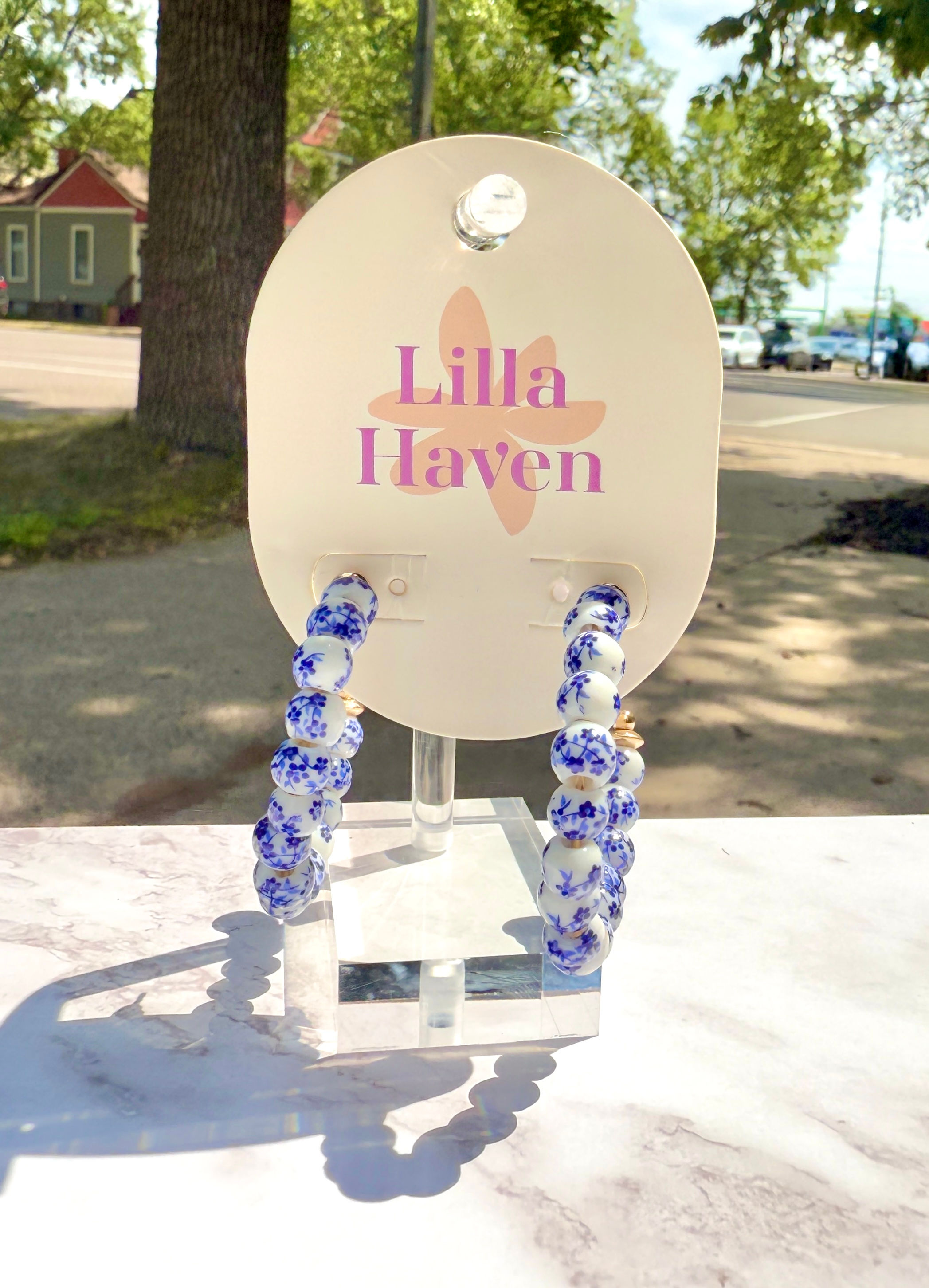 Blue Porcelain Beaded Hoop Earrings | Floral Ceramic Pattern Hoops