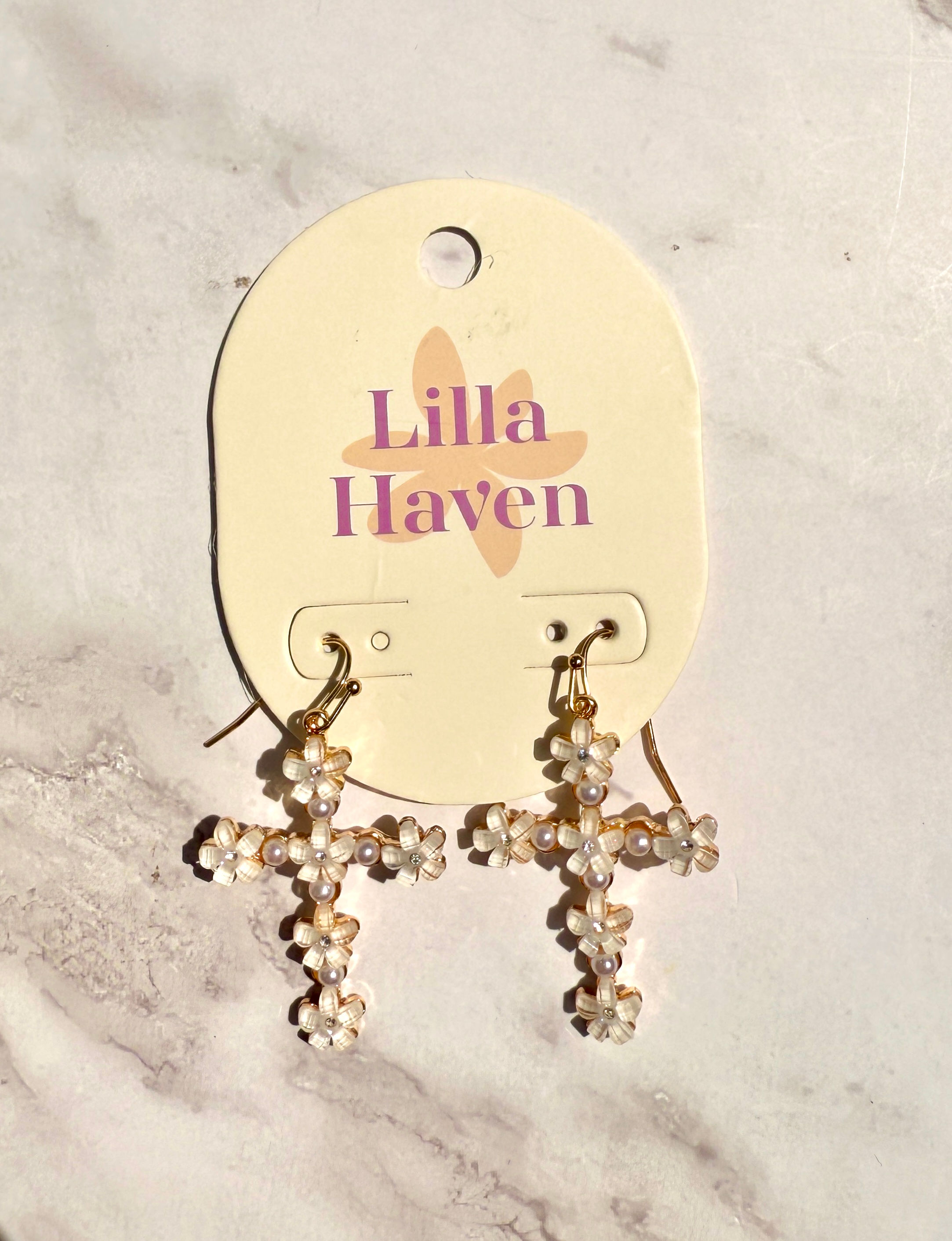 Floral Cross Drop Earrings | Pearl & Crystal Daisy Jewelry