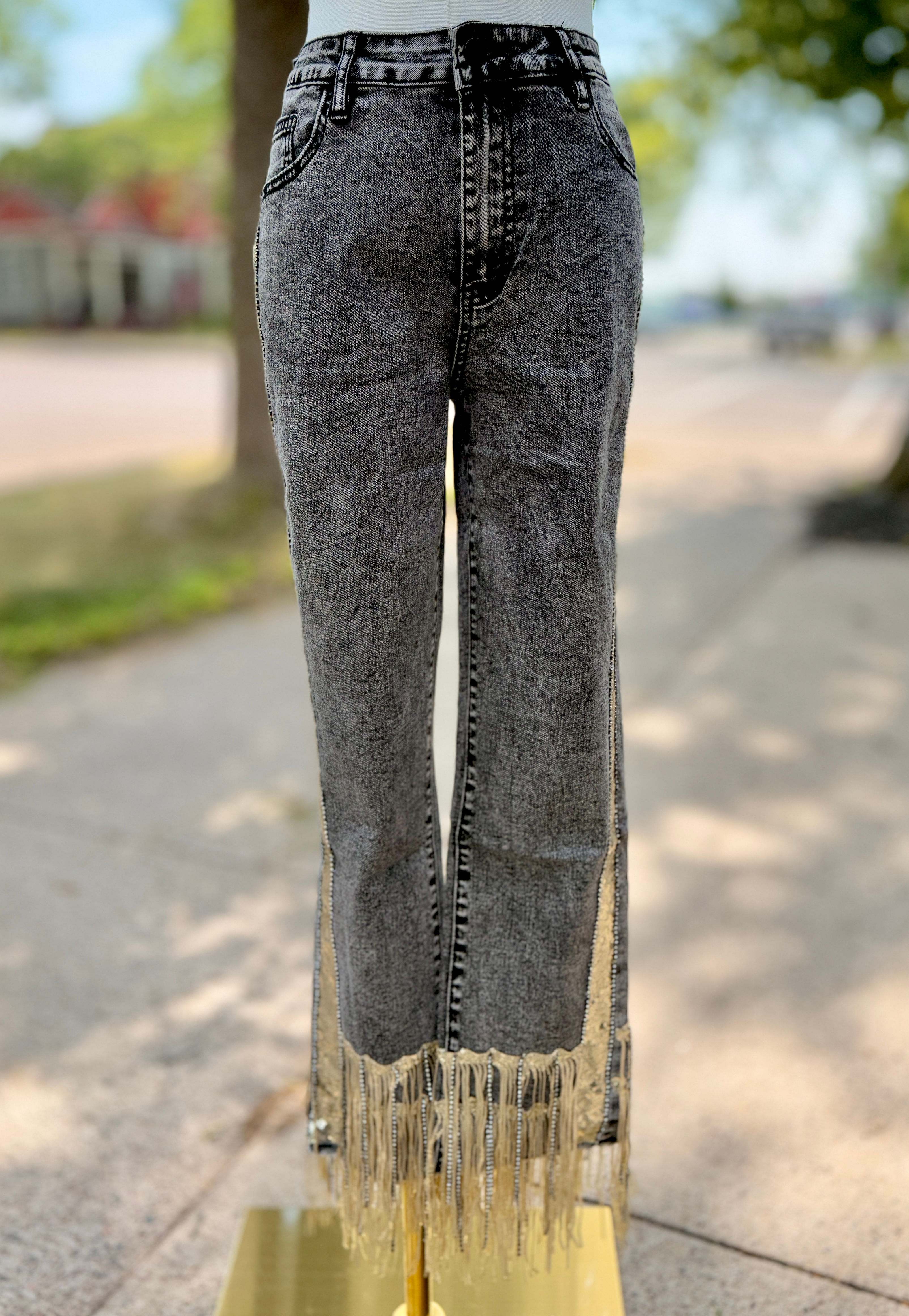 Garment Washed Side Sequin Tape Fringe Denim Jeans