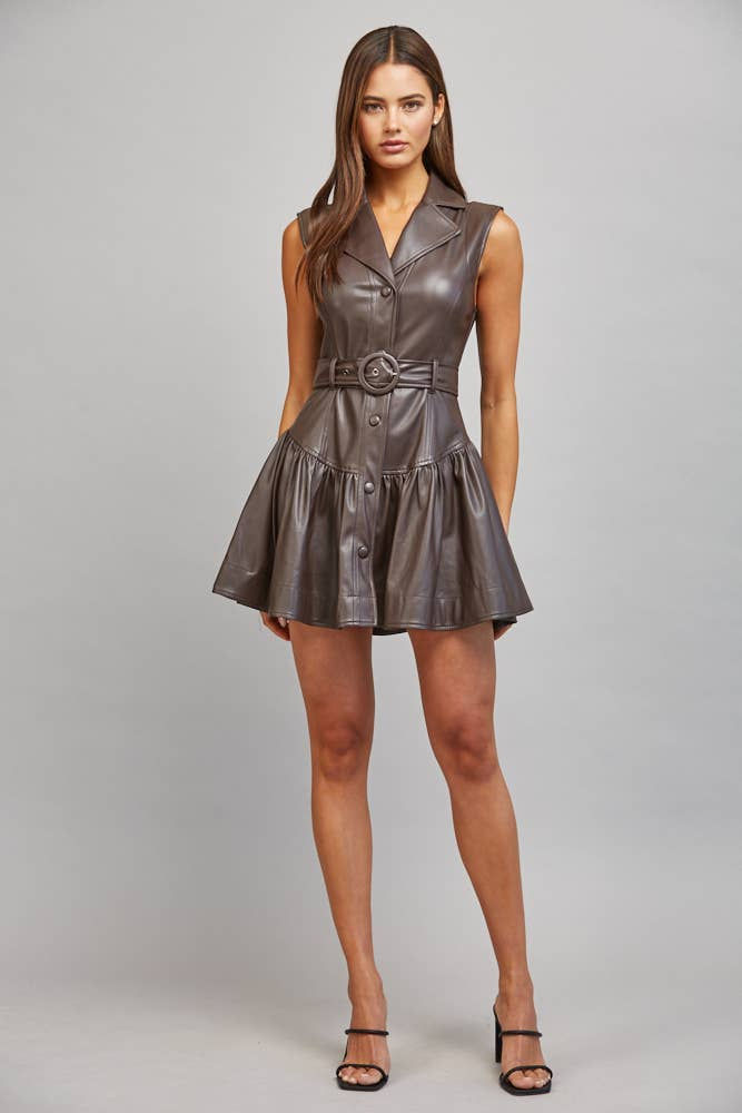 FAUX LEATHER BELTED DROP WAIST DRESS FD35993
