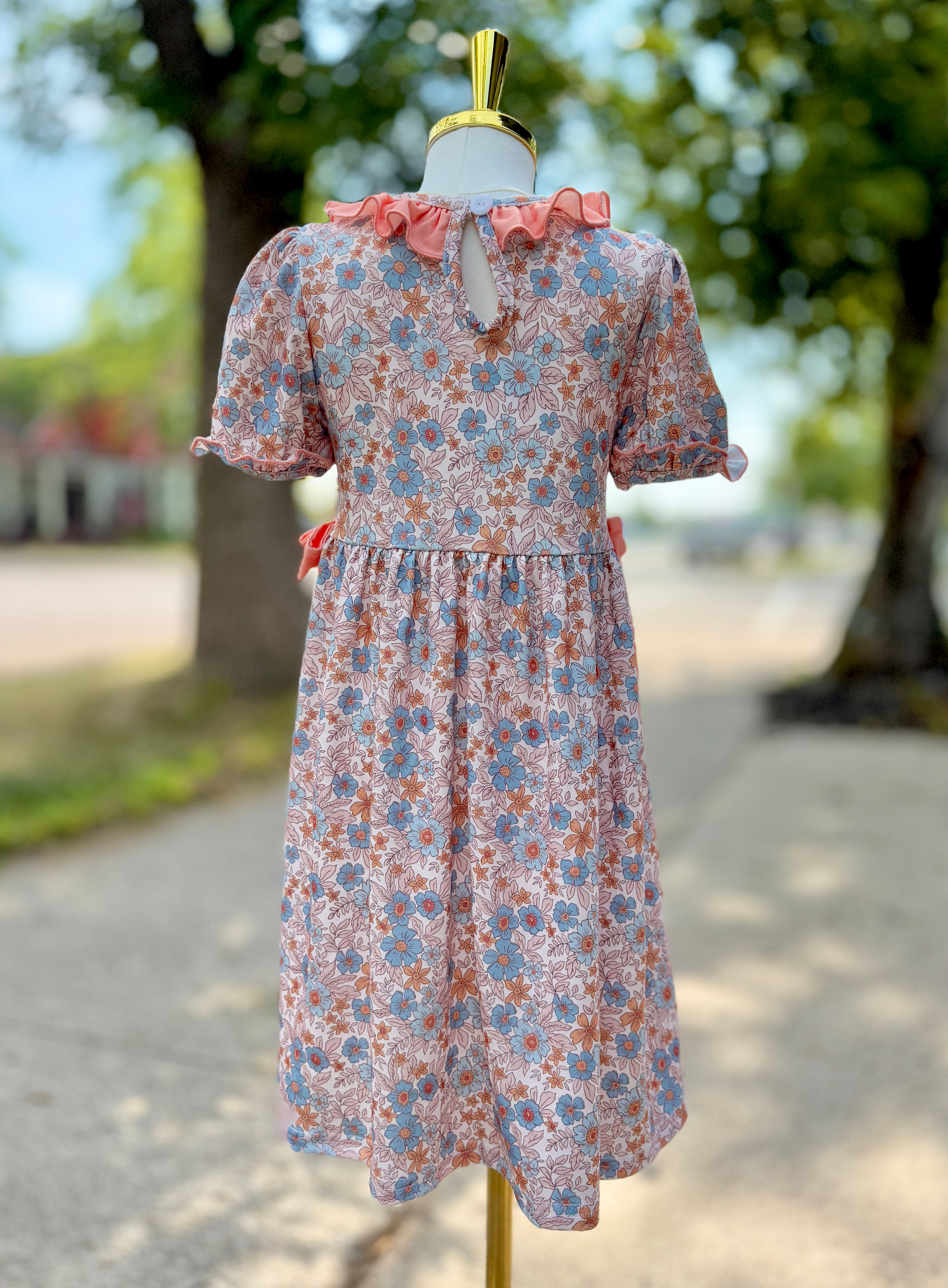 Fall Floral Girls Dress Smocked Ruffle Neck Bow