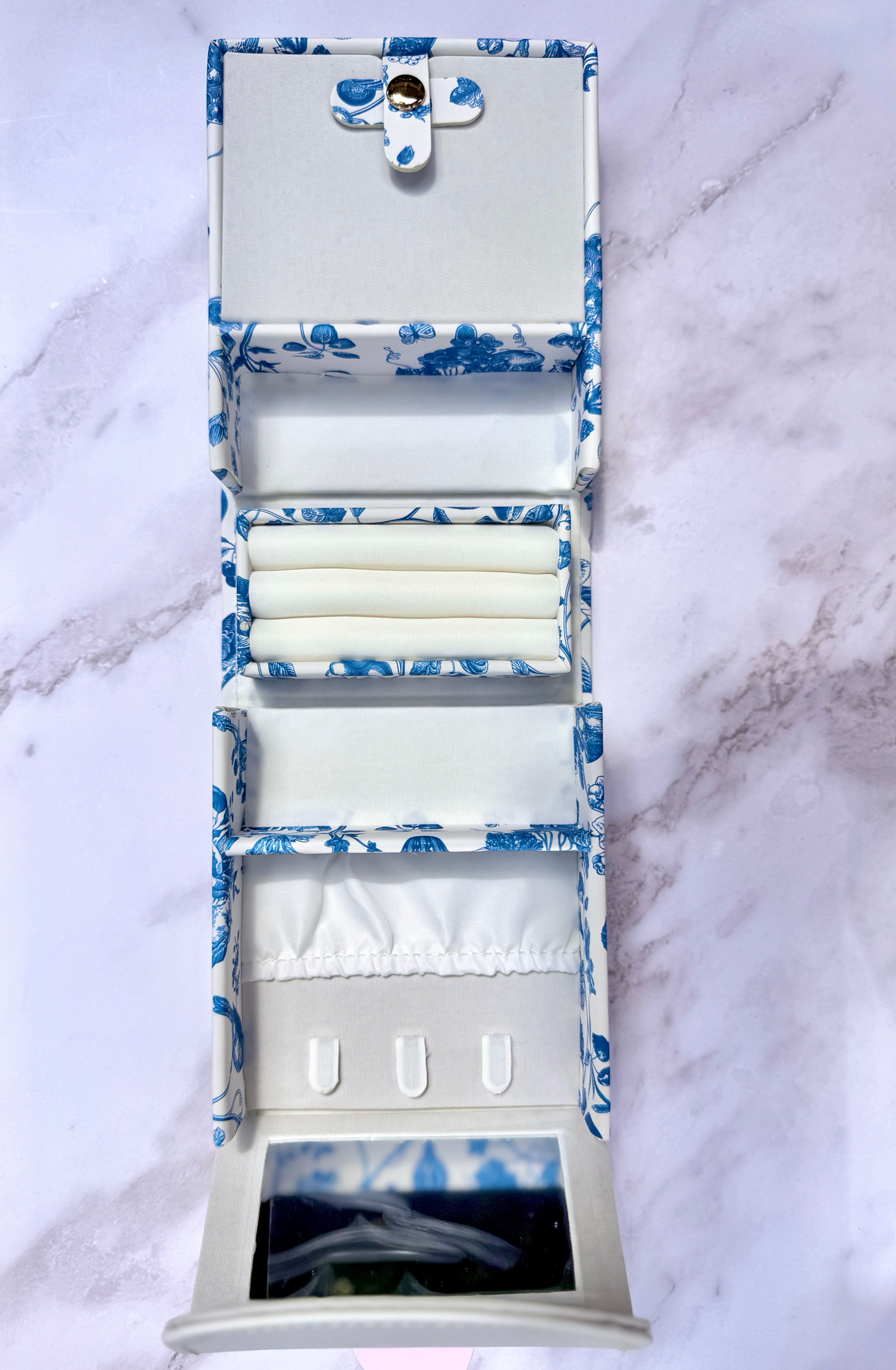 Blue Vintage Floral Foldable Travel Jewelry Box with Mirror