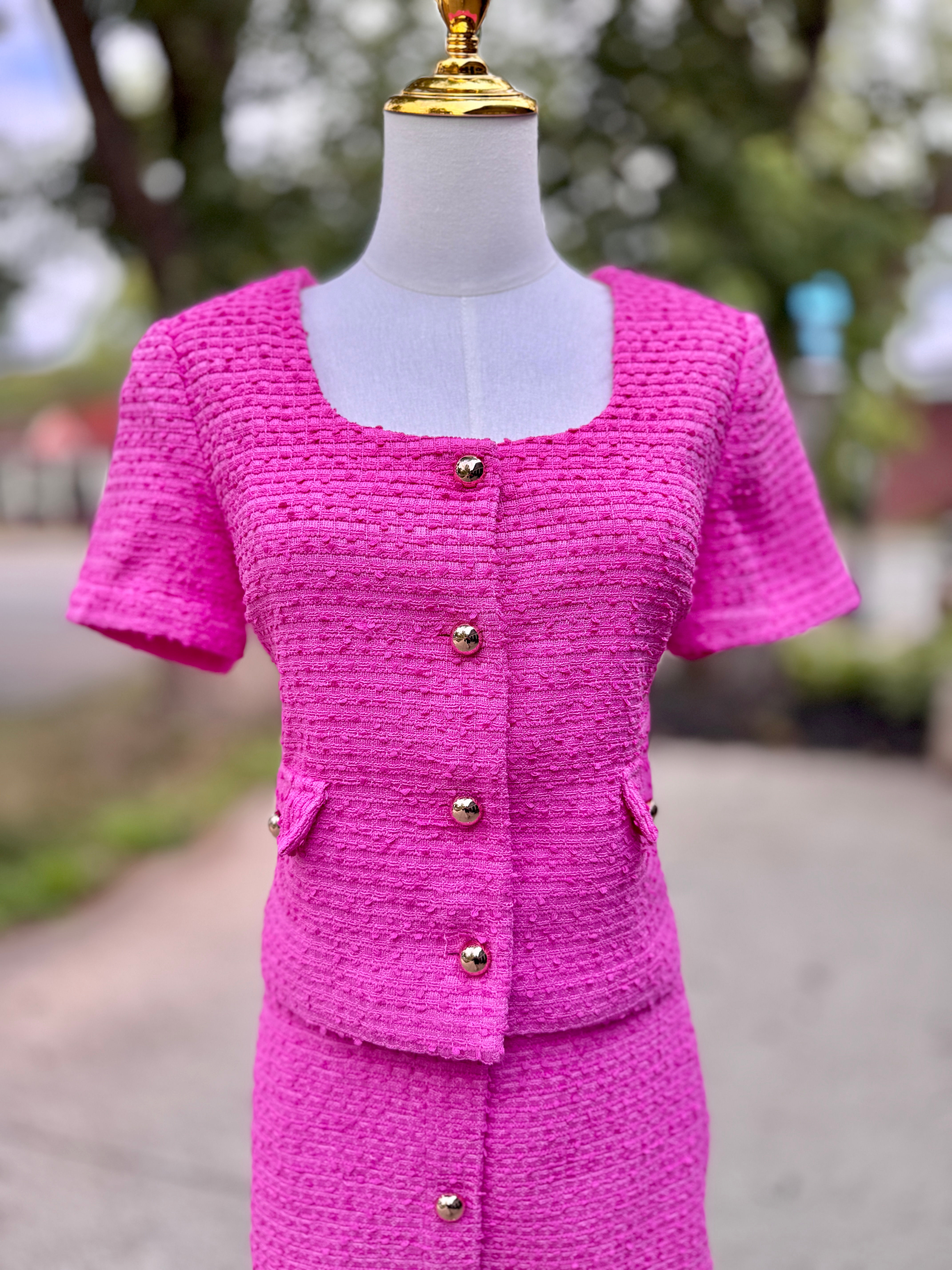 Two Flap Pocket Detail Short Sleeve Cropped Tweed Jacket FJ72089