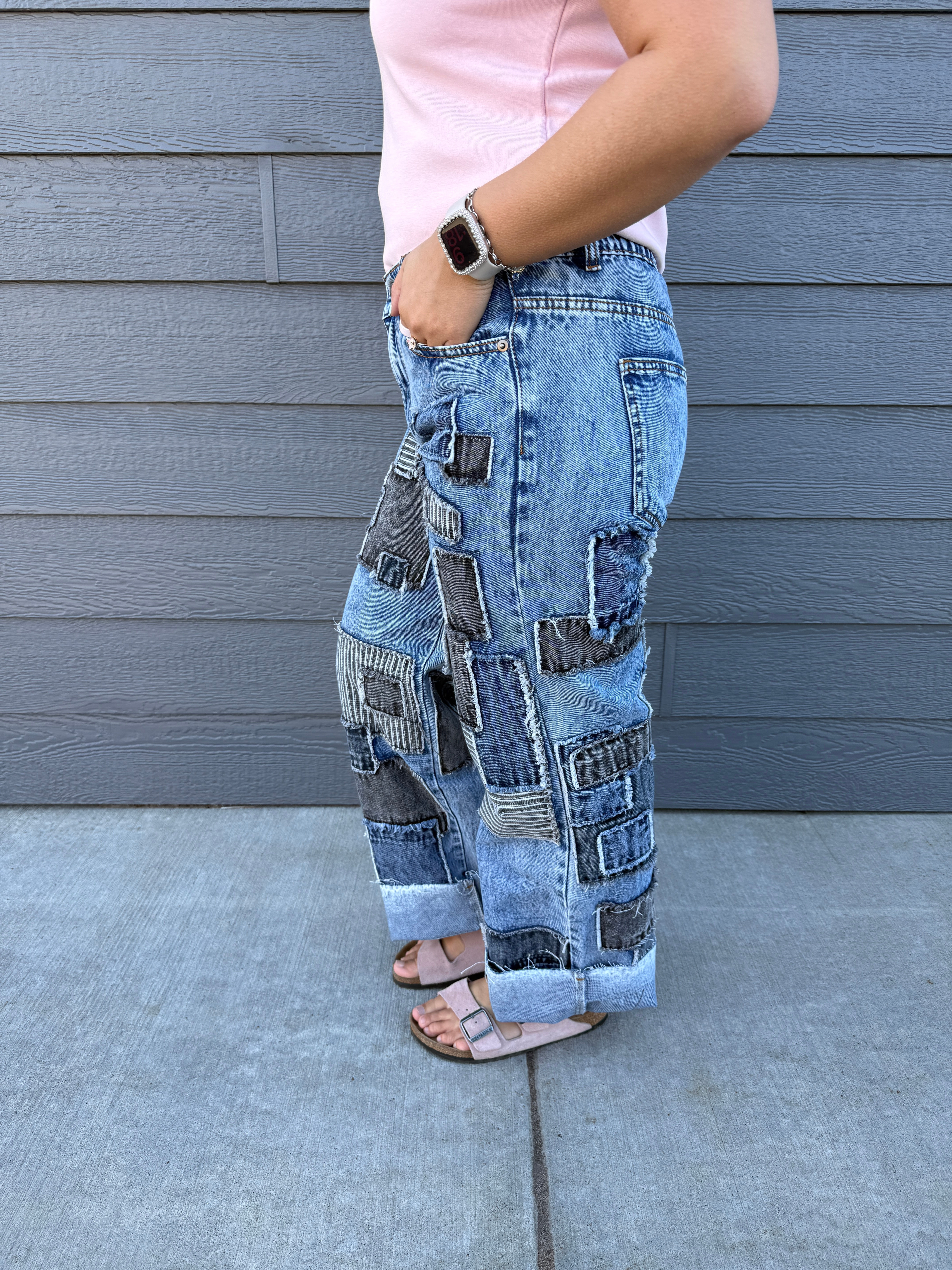 MULTI SQUARE PATCHES STRAIGHT JEANS