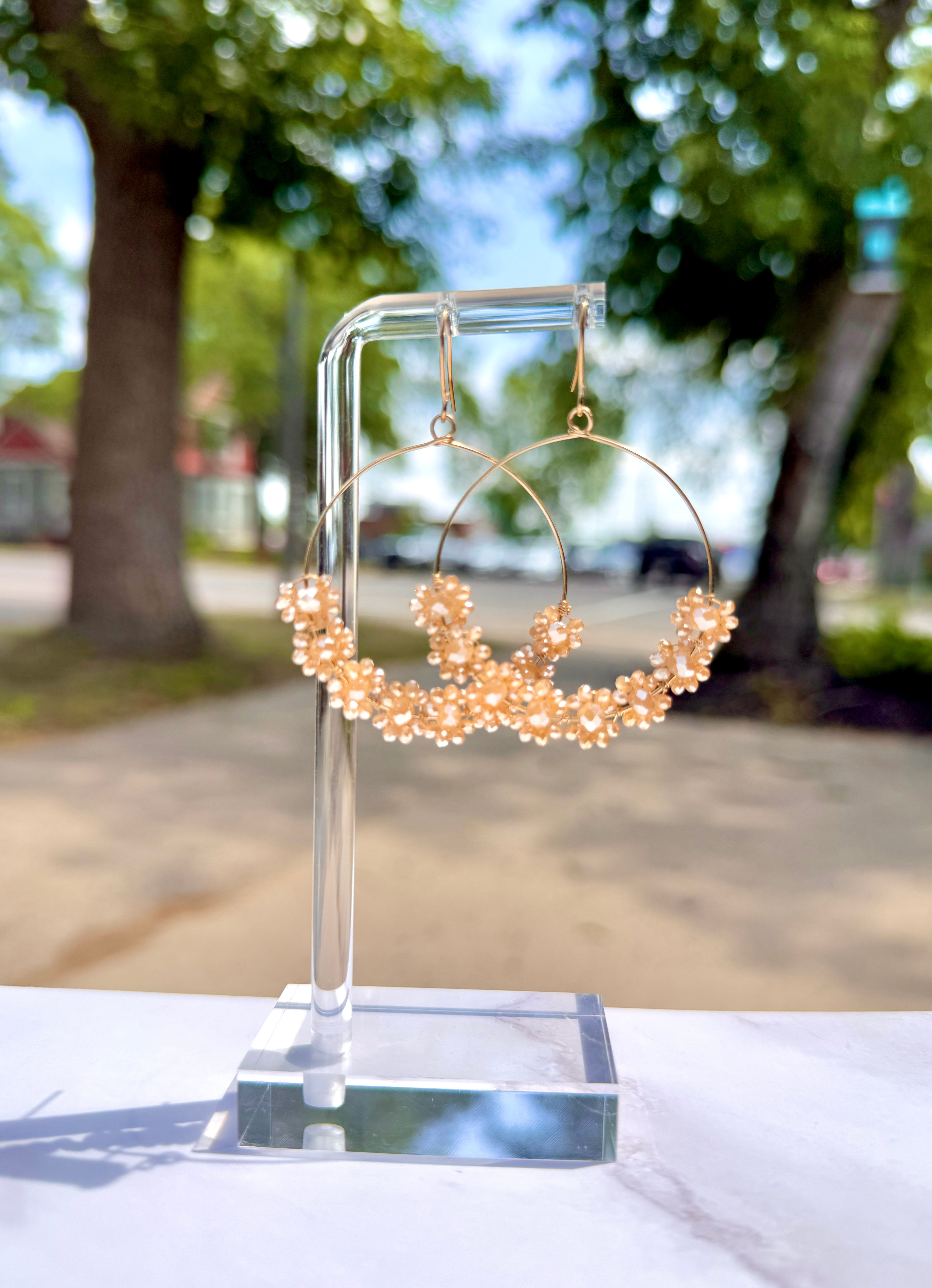 Beaded Crystal Cluster Hoop Earrings – Gold Tone