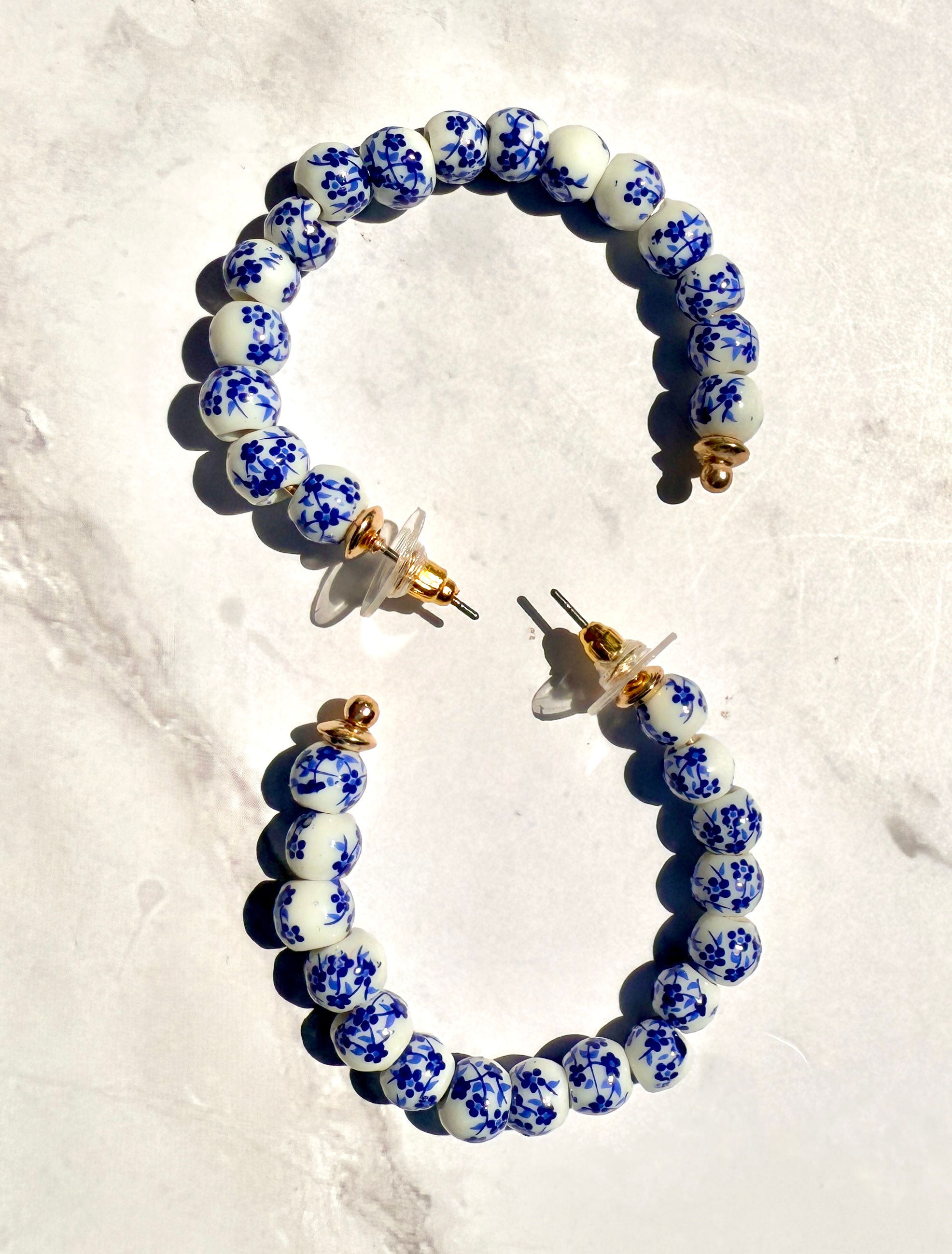 Blue Porcelain Beaded Hoop Earrings | Floral Ceramic Pattern Hoops