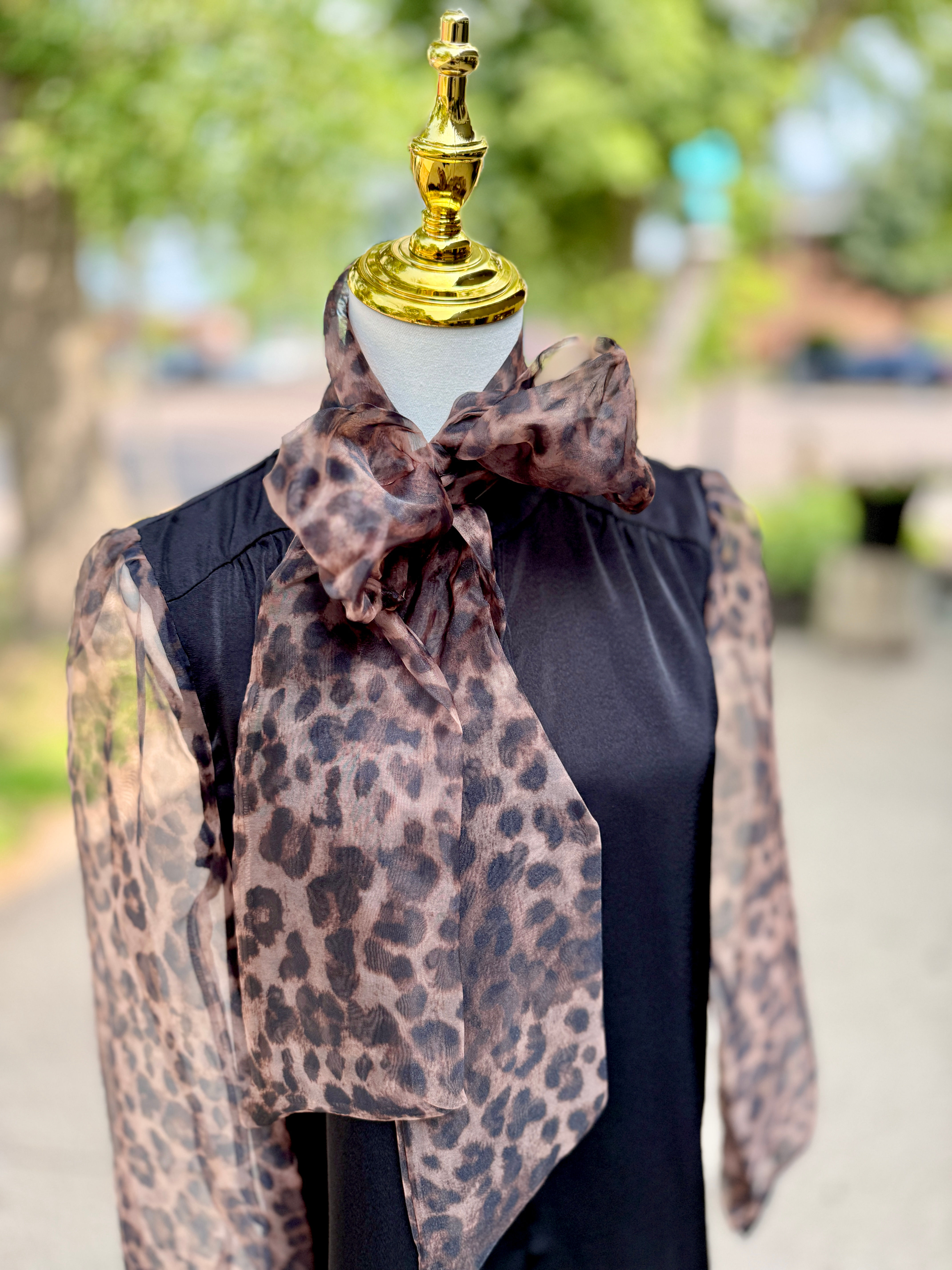 Mixed Media Self Tie Neckline Detail Blouse