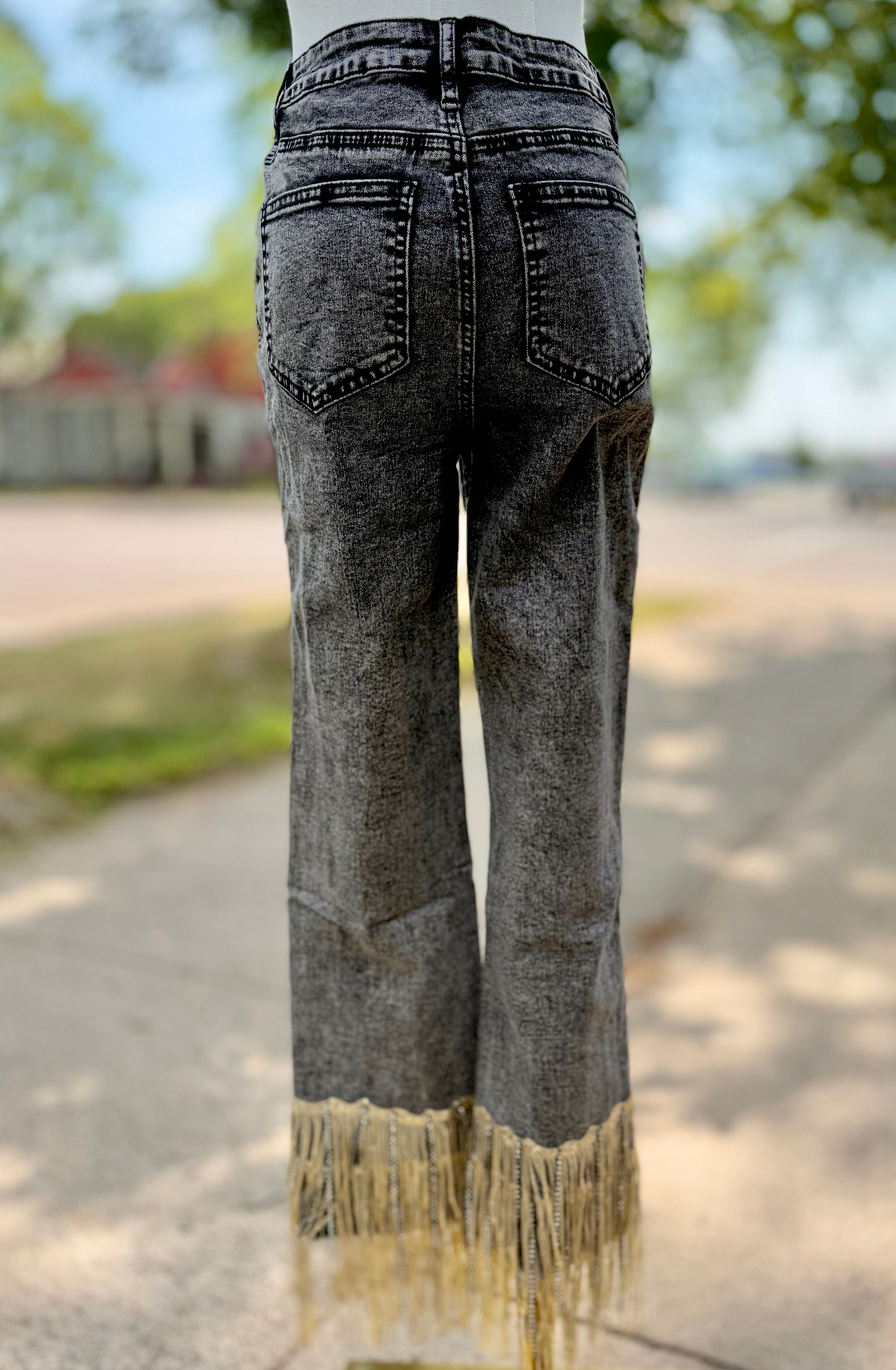 Garment Washed Side Sequin Tape Fringe Denim Jeans