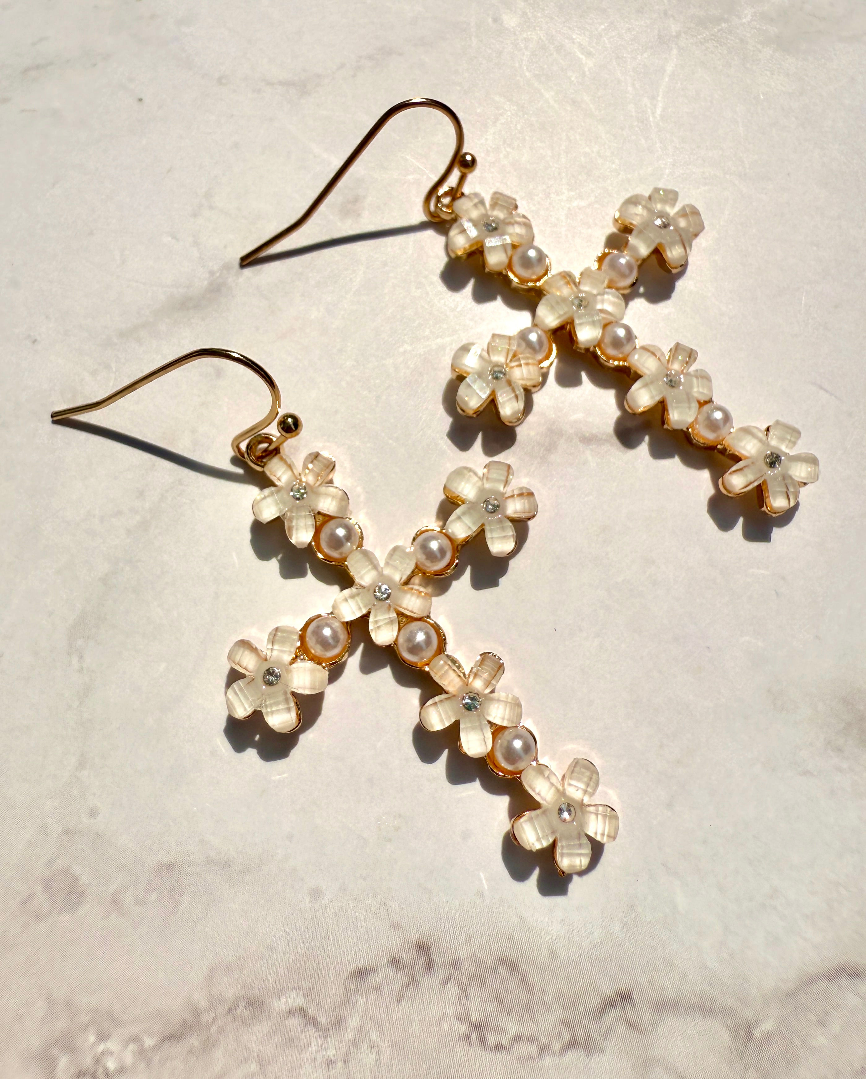 Floral Cross Drop Earrings | Pearl & Crystal Daisy Jewelry