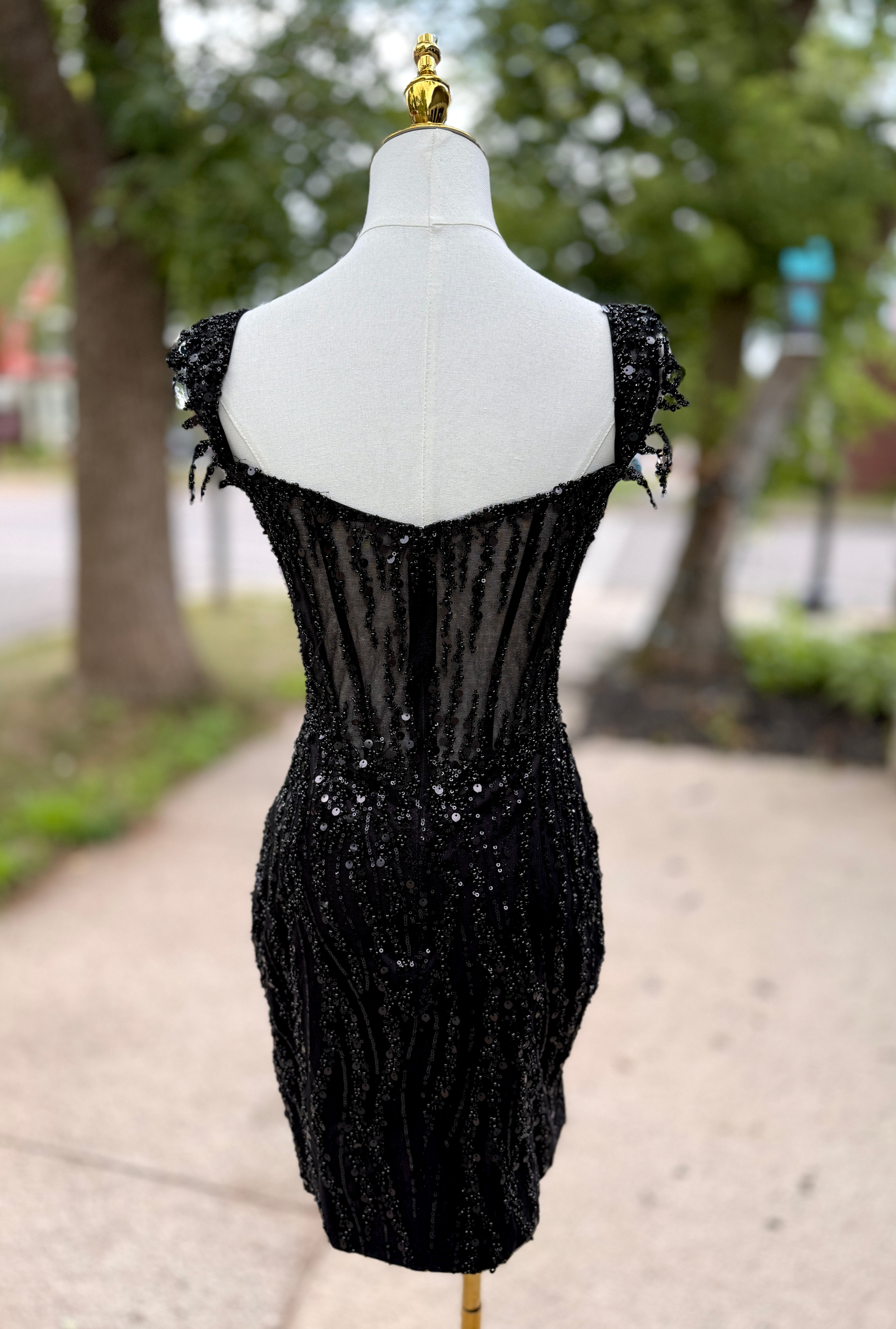Fitted off shoulder sequin illusion sweetheart bodice with corset boning cocktai