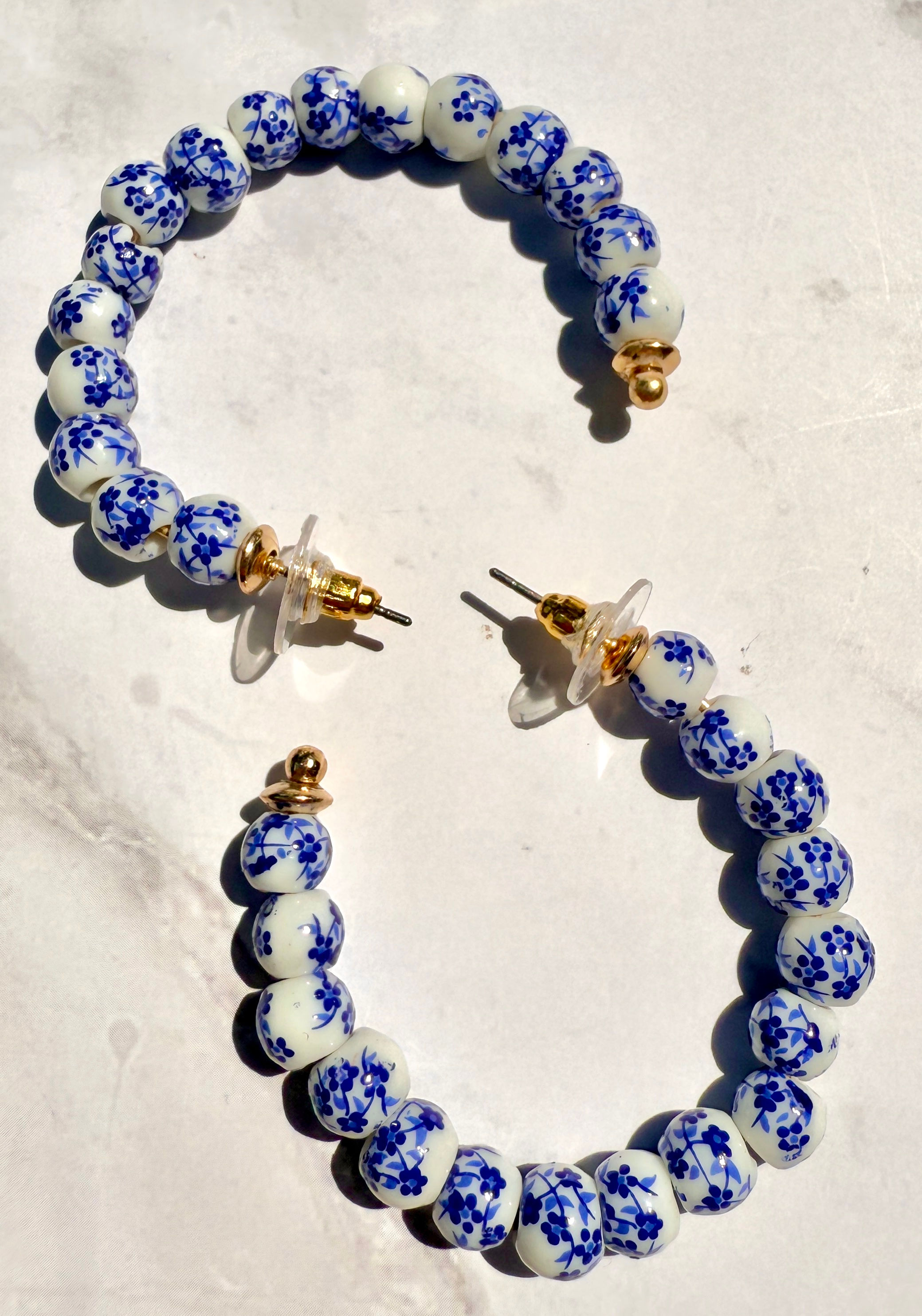 Blue Porcelain Beaded Hoop Earrings | Floral Ceramic Pattern Hoops