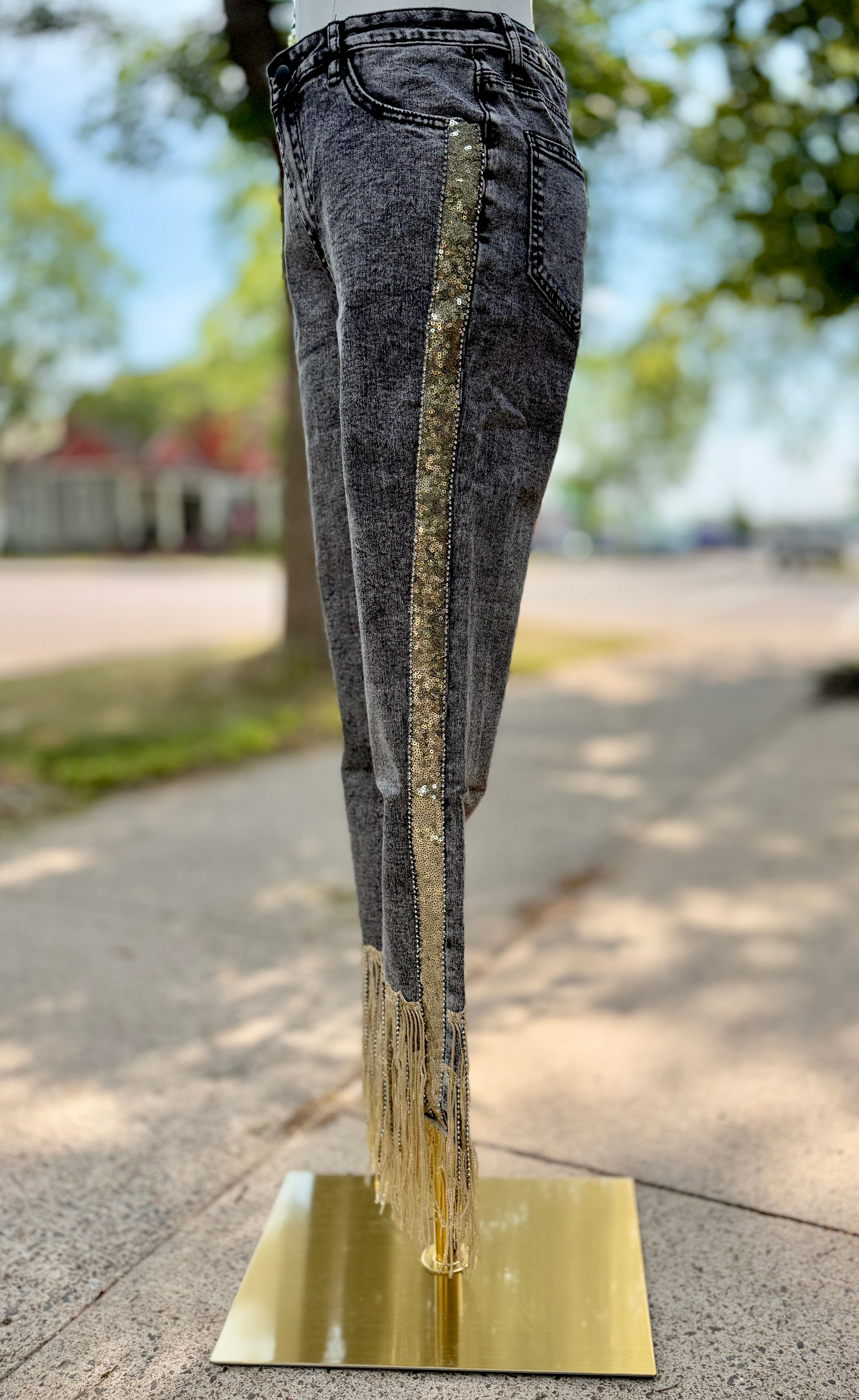 Garment Washed Side Sequin Tape Fringe Denim Jeans