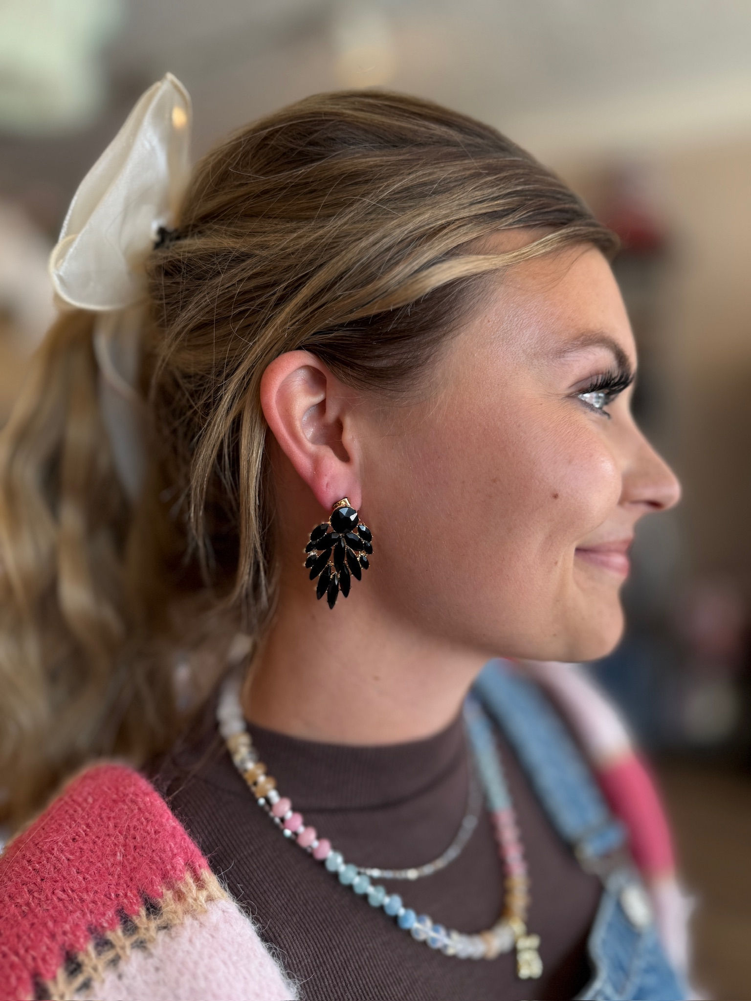 Black Leaf Dangle Gem Earrings