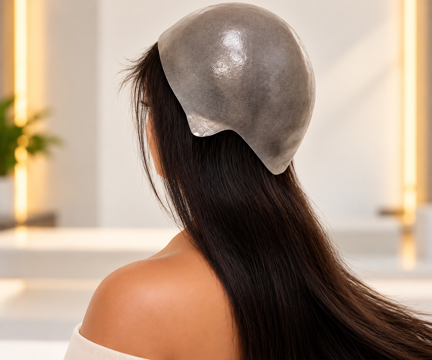 Dark hair cranial prosthesis hair replacement example