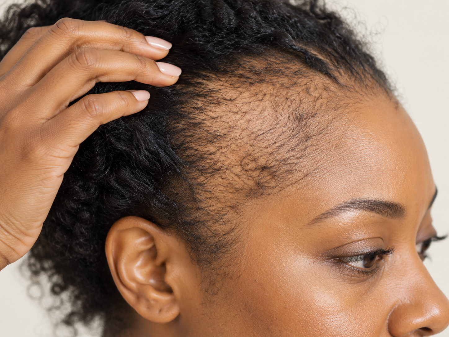 Illustration of pronounced thinning and receding edges associated with traction alopecia