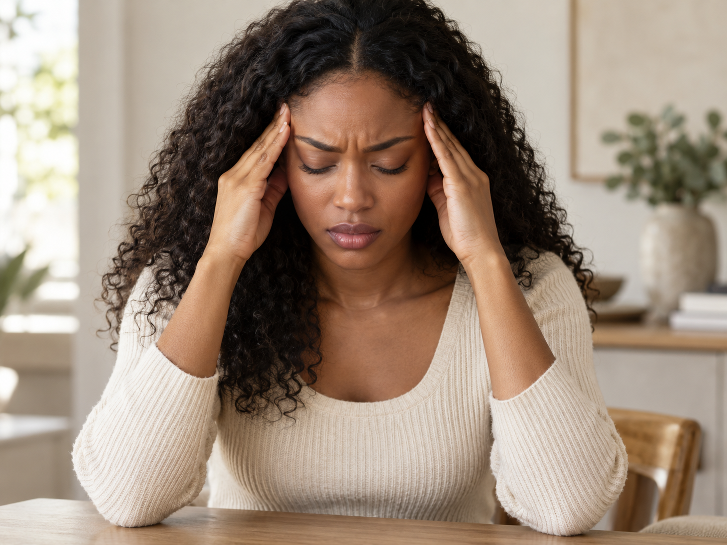 Woman pressing her temples while experiencing stress