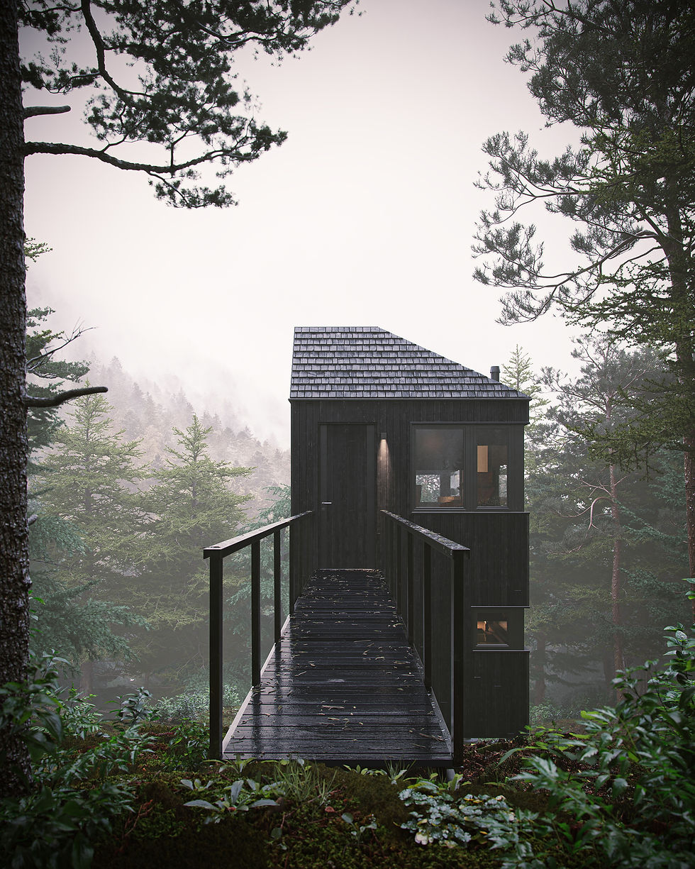 Exterior visualization of the Ebony Cabin Retreat