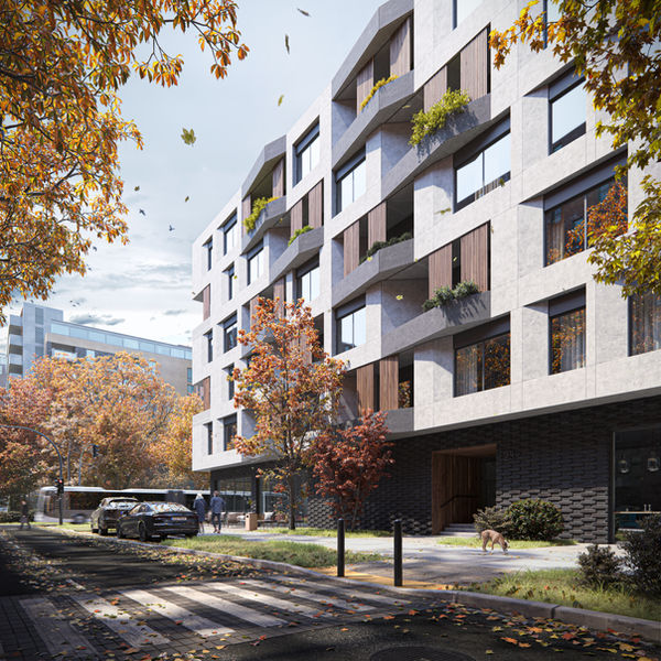 Exterior rendering of a residential building with autumn atmosphere
