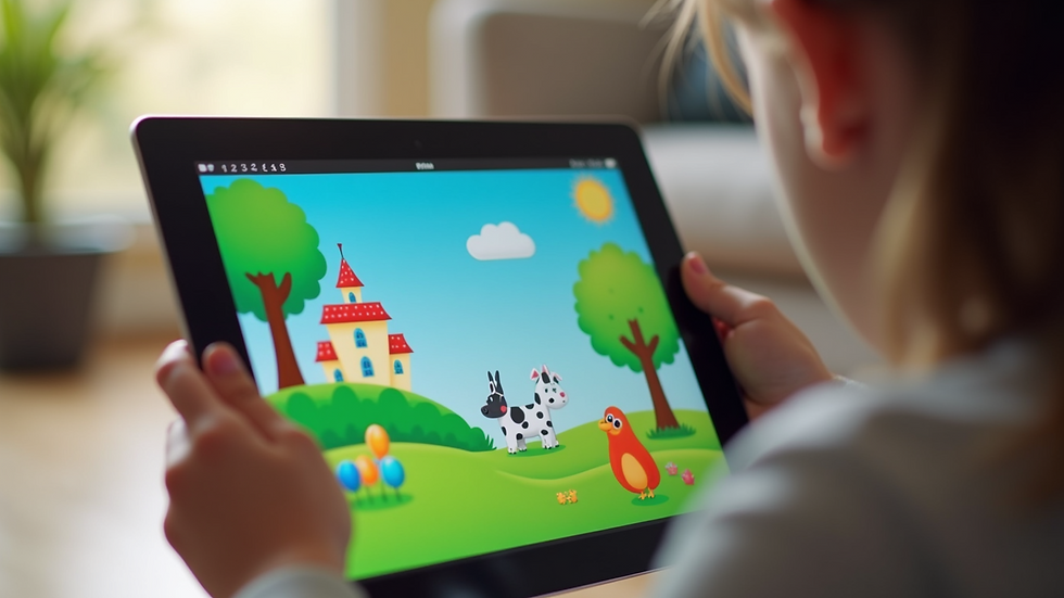 Close-up view of a tablet screen showing a colourful children’s educational game