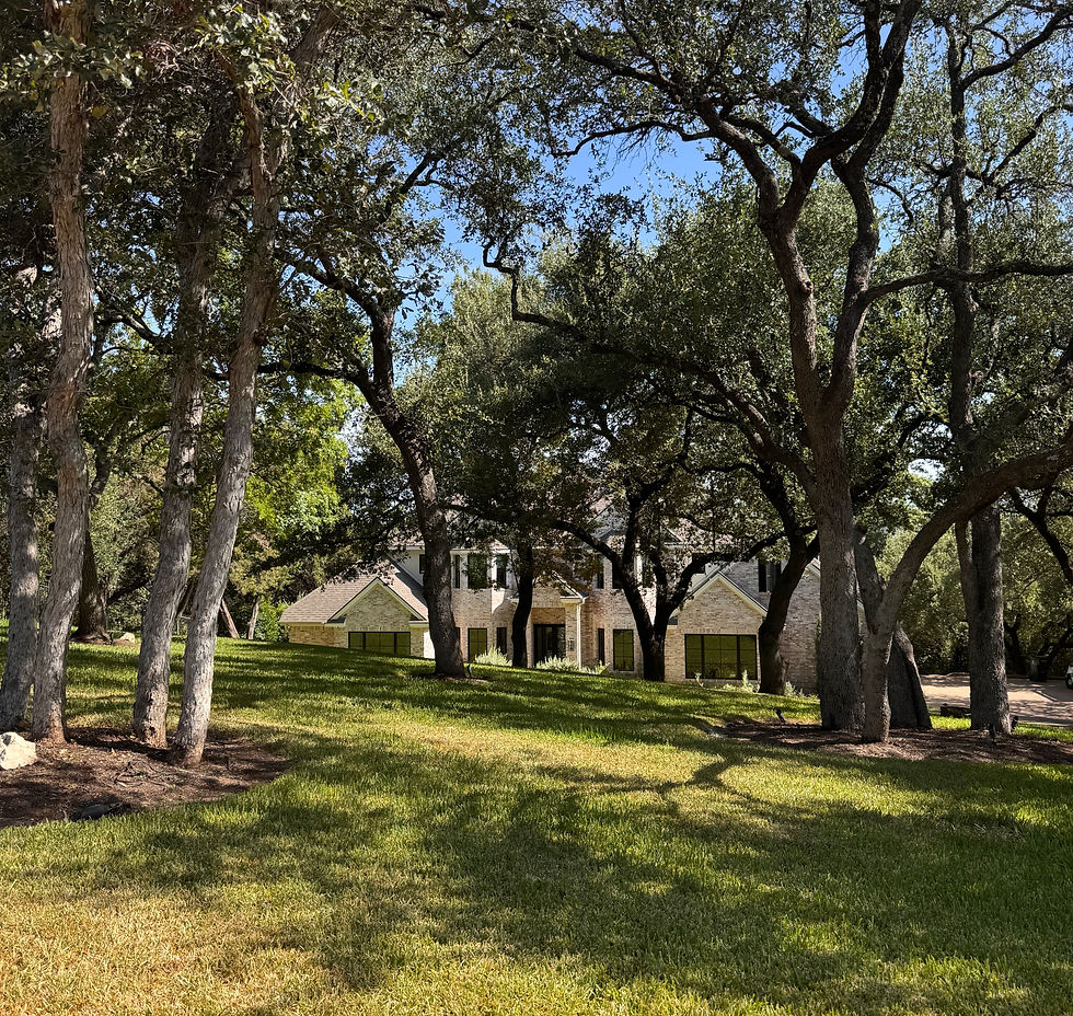 **Alt text:** Large sloping front lawn shaded by mature oak trees, with a light stone home visible at the bottom of the hill in Central Texas.