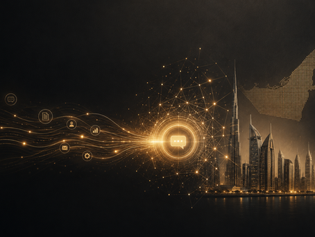 A wide editorial cover image on a deep charcoal background shows glowing gold data streams flowing from the left into a bright central speech-bubble icon, which radiates into a network of connected nodes. On the right, a stylised Dubai skyline and a dotted outline of the UAE emerge from the same luminous network, suggesting AI, communication, and digital visibility. The composition is sleek, minimal, and high-end, with generous empty space on the left for a headline.