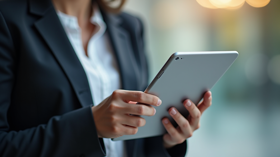 Close-up view of a brand consultant presenting a marketing strategy on a digital tablet