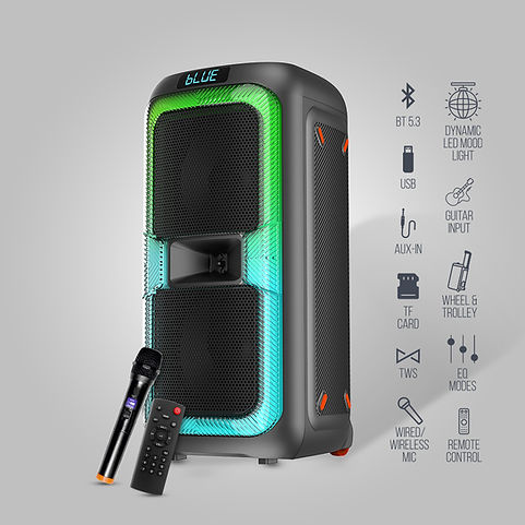 Party/Trolley Speaker with Wired/Wireless Mic, Remote Control, EQ Modes, Guitar Input, RGB Light, BT, USB, Aux-In, TWS, TF Ca