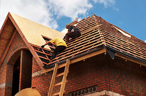 Roofing Contractors Installing House Roof Board for Asphalt Shingles. Roofing Contractor. Roofing Co