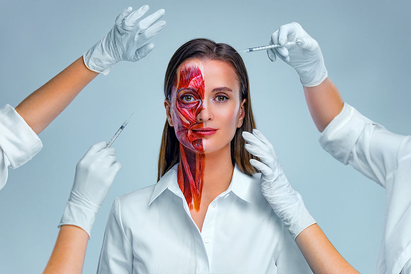 Cosmetic injection in the face. Young woman with half of face with muscles structure under