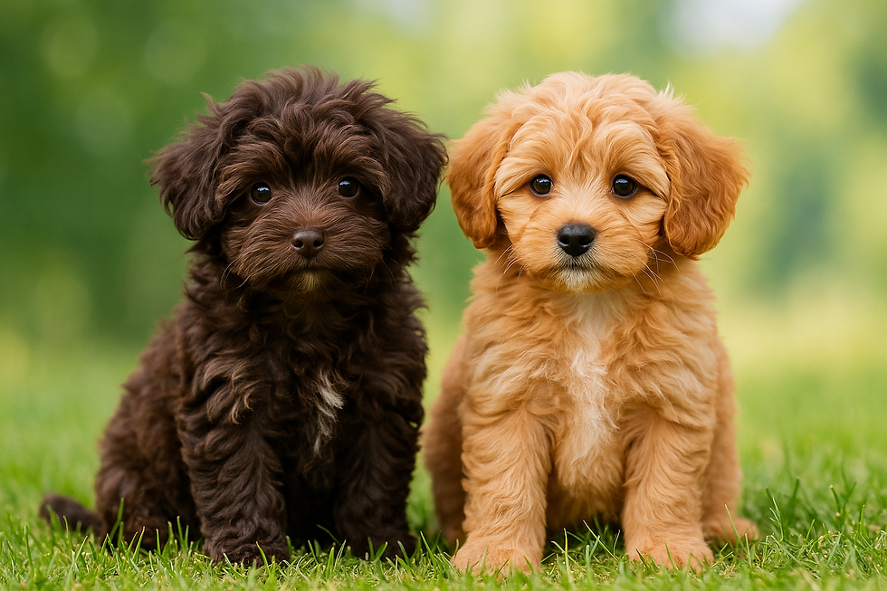 Bolonka Zwetna en Mini Cavapoo puppy’s zitten samen in het gras – kleine hondenrassen met vriendelijk karakter