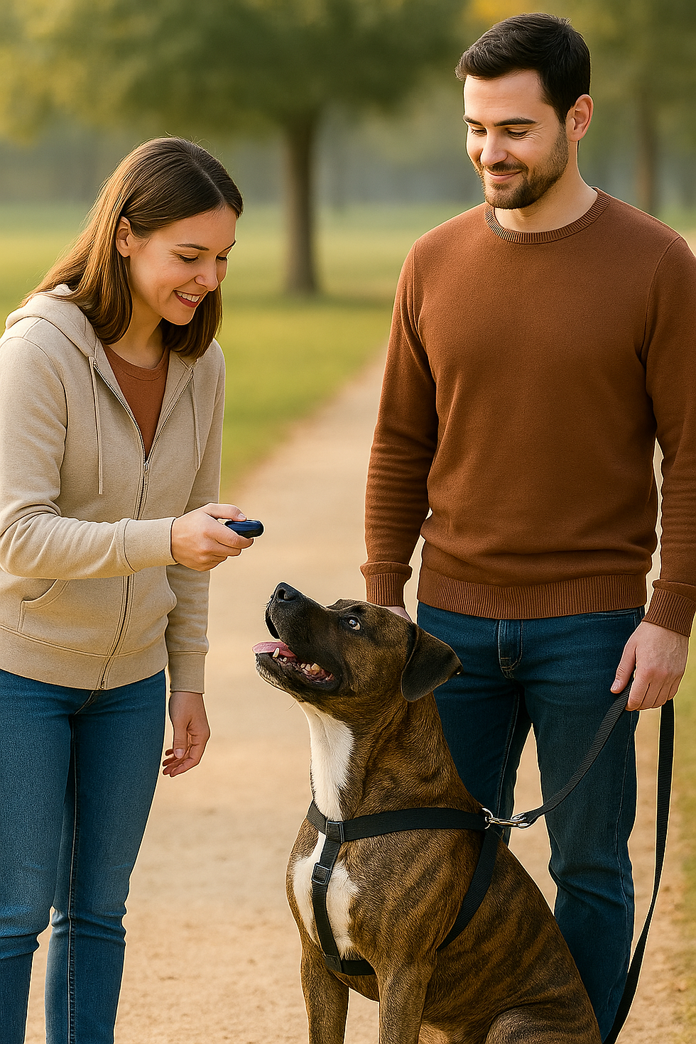 Vrouw gebruikt een clicker bij Stafford tijdens training, terwijl man toekijkt.