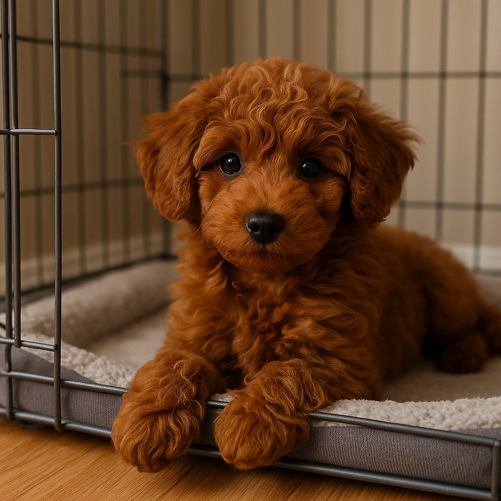 Bruine Toypoedel pup rust ontspannen in een bench met zacht kussen thuis