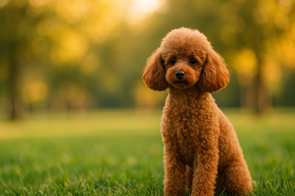 Toypoedel (abrikooskleurig) in een groen park met zachte bokeh; ruimte links voor titel