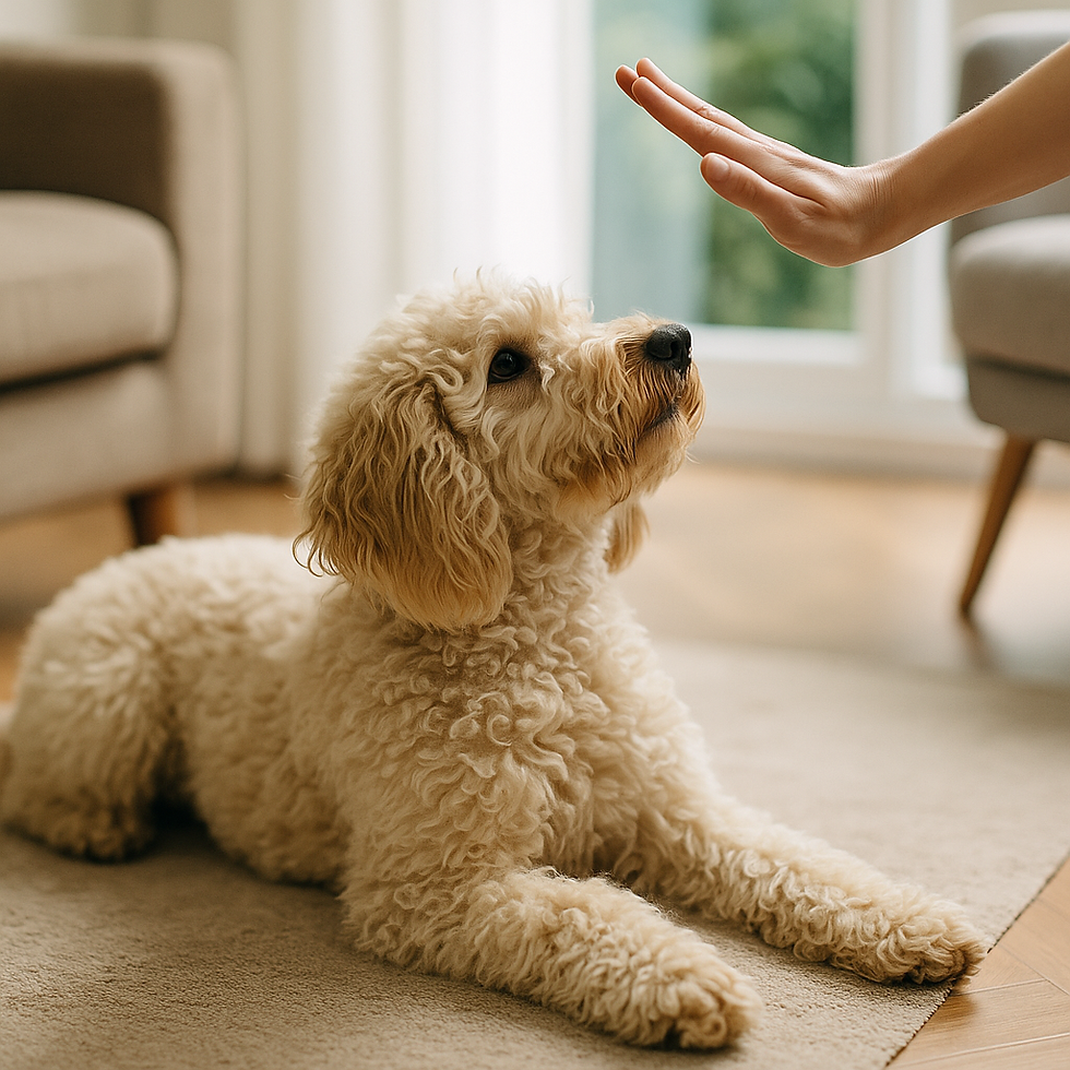 Labradoodle voert het commando “af” uit tijdens training in een rustige woonkamer.