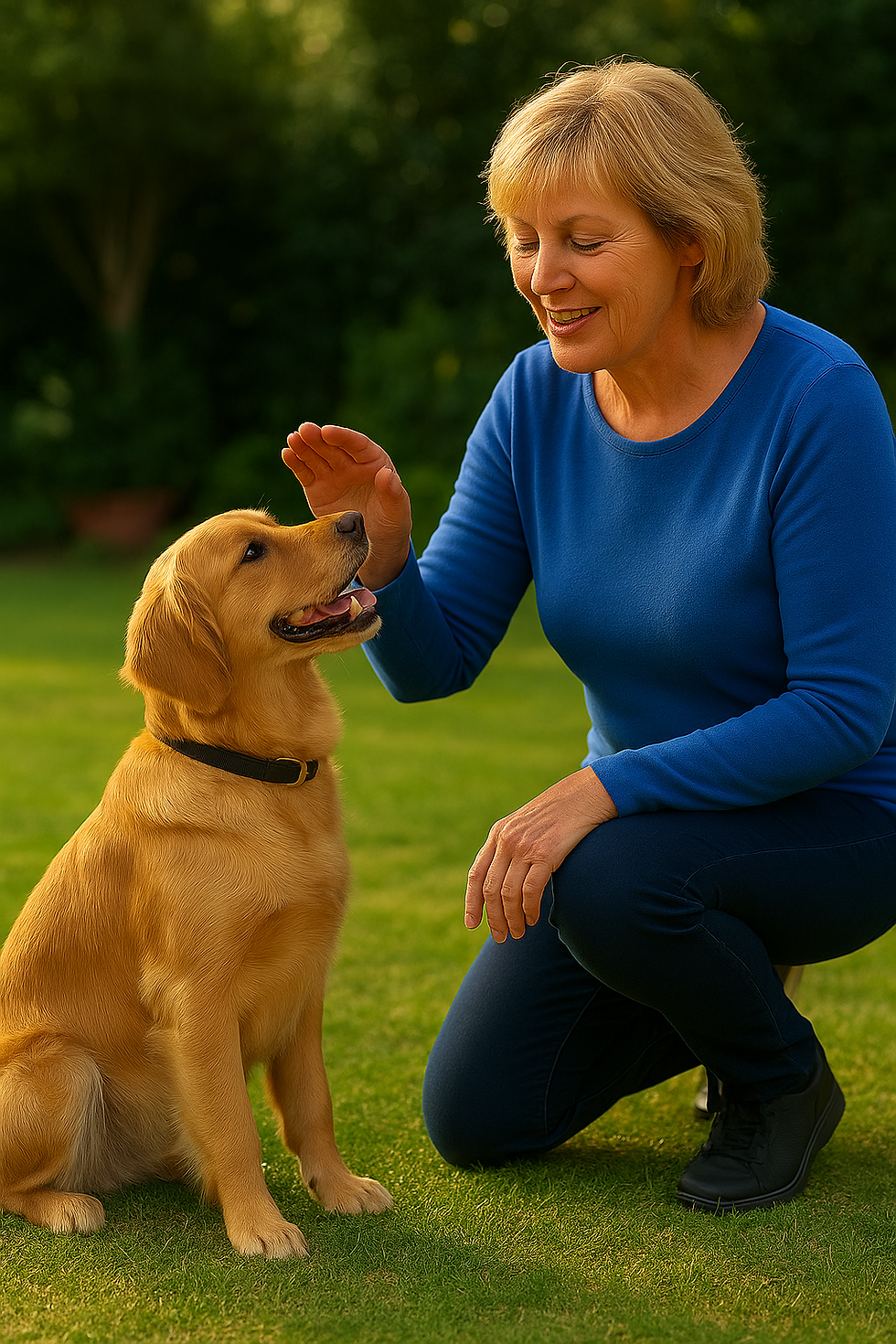 Yvonne van der Meer traint een rustige Golden Retriever tijdens de beheersfase van de zittraining in de tuin.
