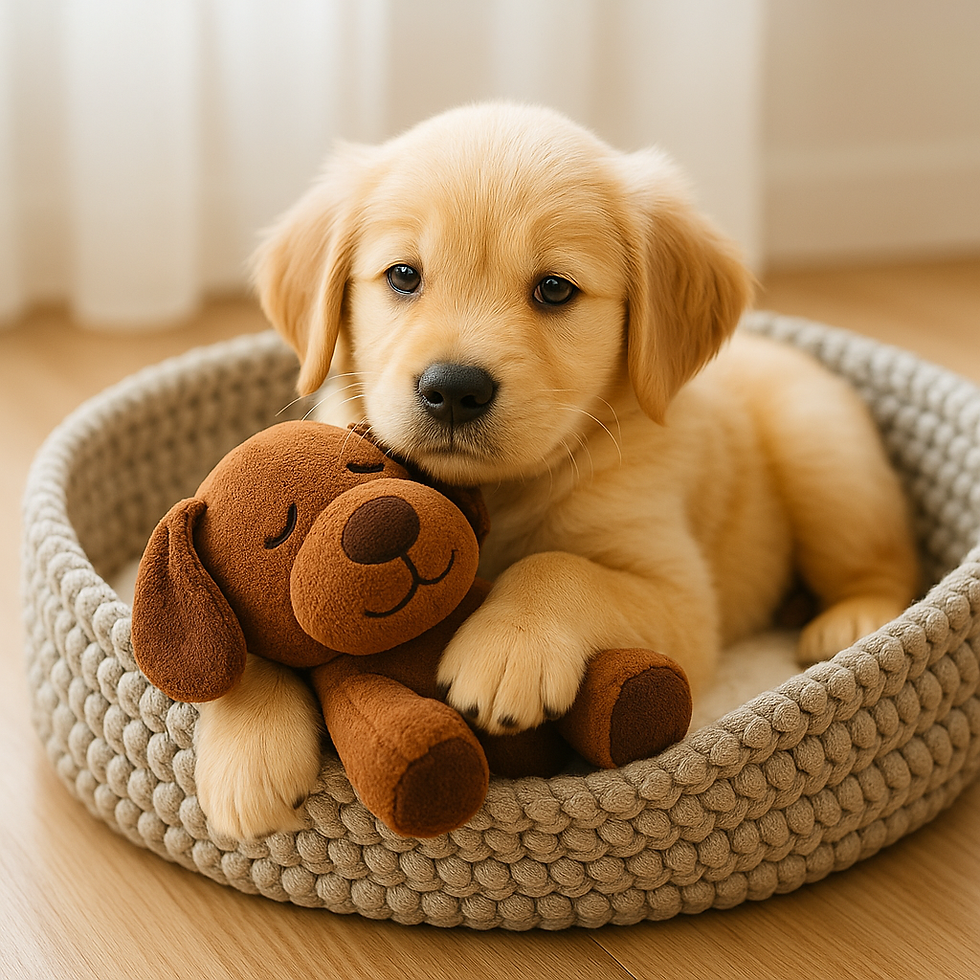 Golden Retriever pup met heartbeat-knuffel in mandje voor rust en veiligheid